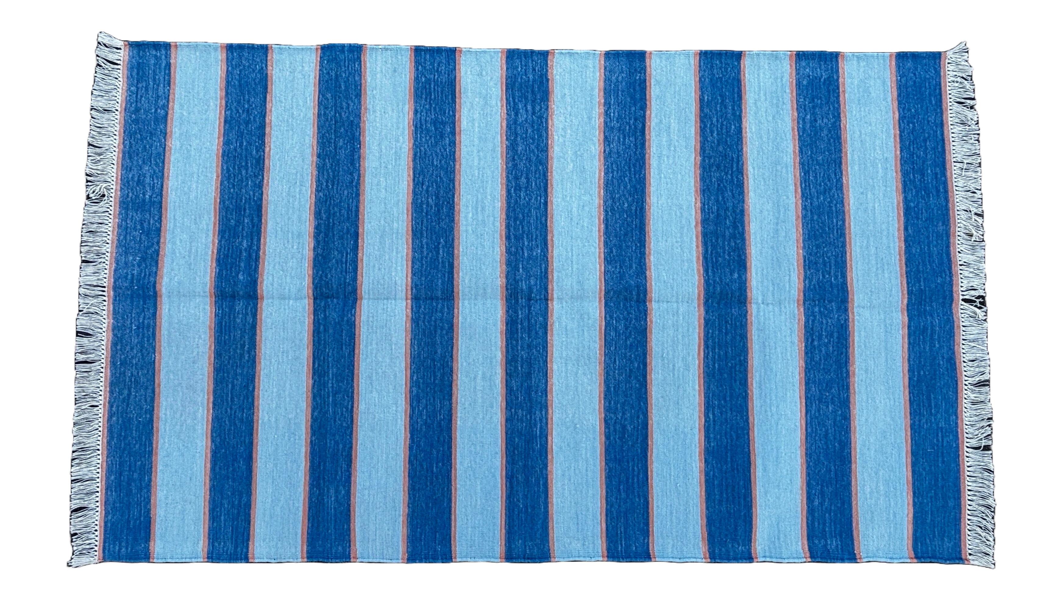 Handmade Cotton Area Flat Weave Rug, 3x5 Blue And Orange Striped Indian Dhurrie In New Condition For Sale In Jaipur, IN