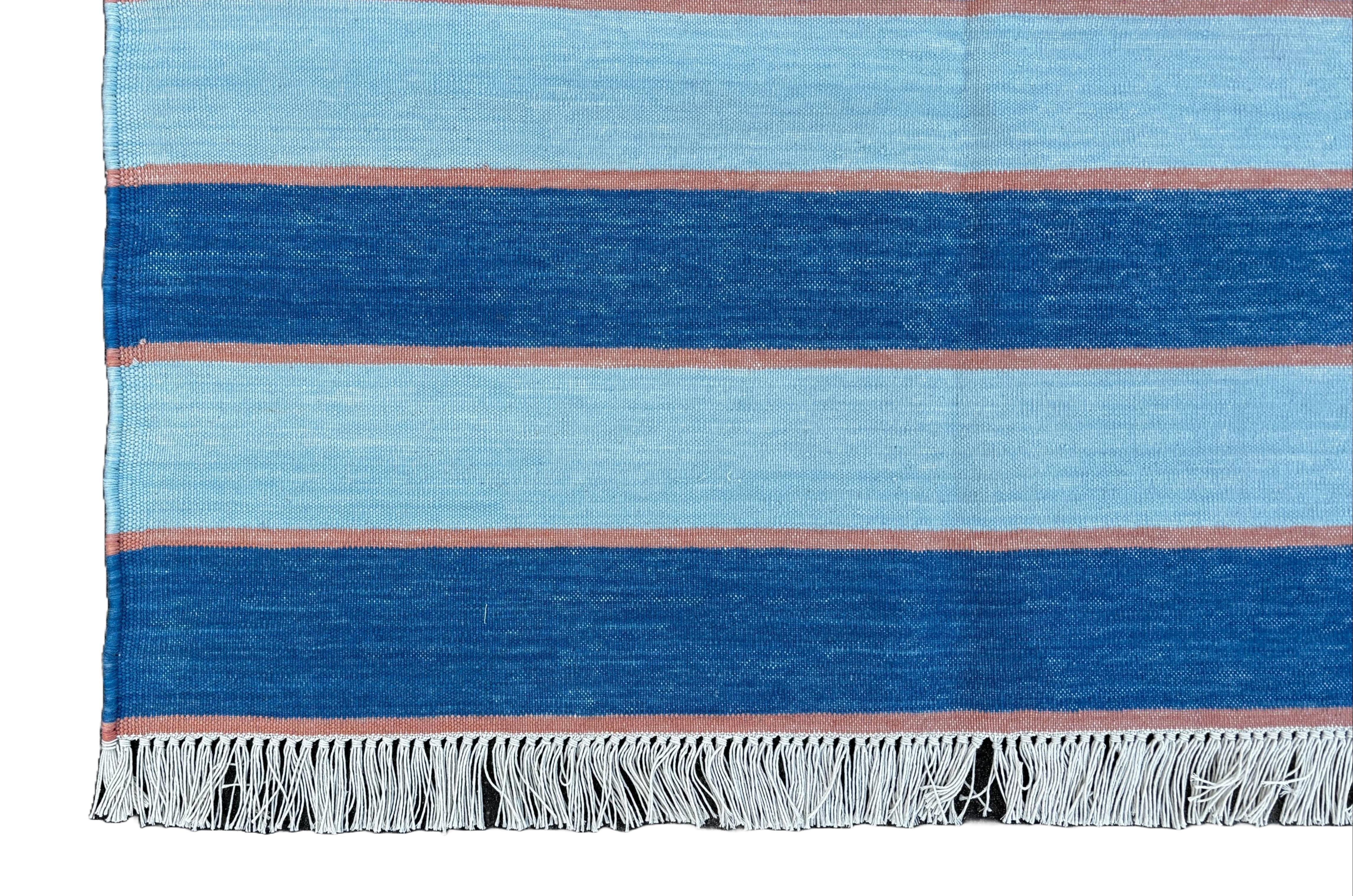 Handmade Cotton Area Flat Weave Rug, 3x5 Blue And Orange Striped Indian Dhurrie For Sale 2