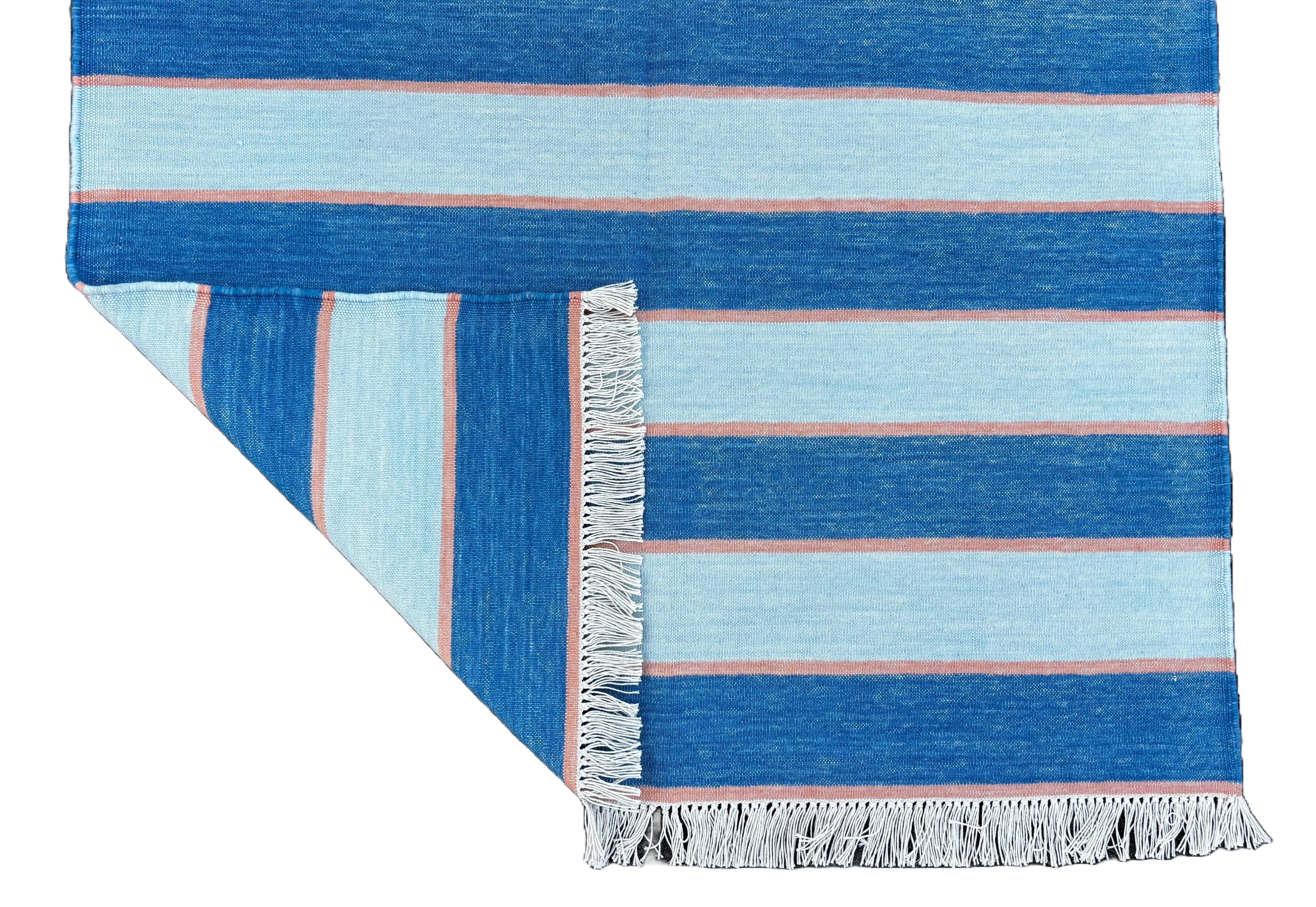 Handmade Cotton Area Flat Weave Rug, 3x5 Blue And Orange Striped Indian Dhurrie For Sale 3