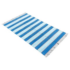 Handmade Cotton Area Flat Weave Rug, 3x5 Blue And Orange Striped Indian Dhurrie