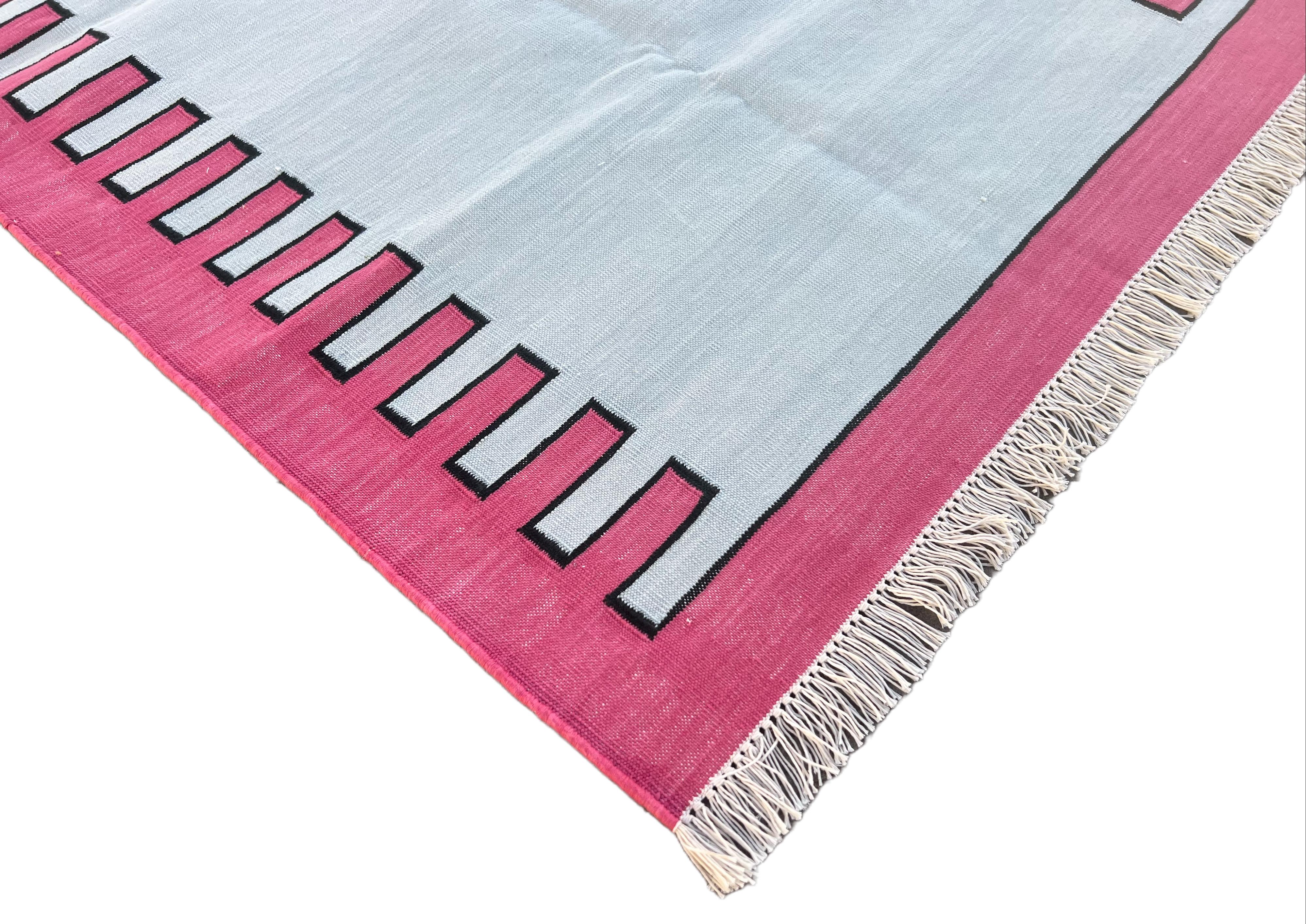 Mid-Century Modern Handmade Cotton Area Flat Weave Rug, 3x5 Blue And Pink Striped Indian Dhurrie For Sale