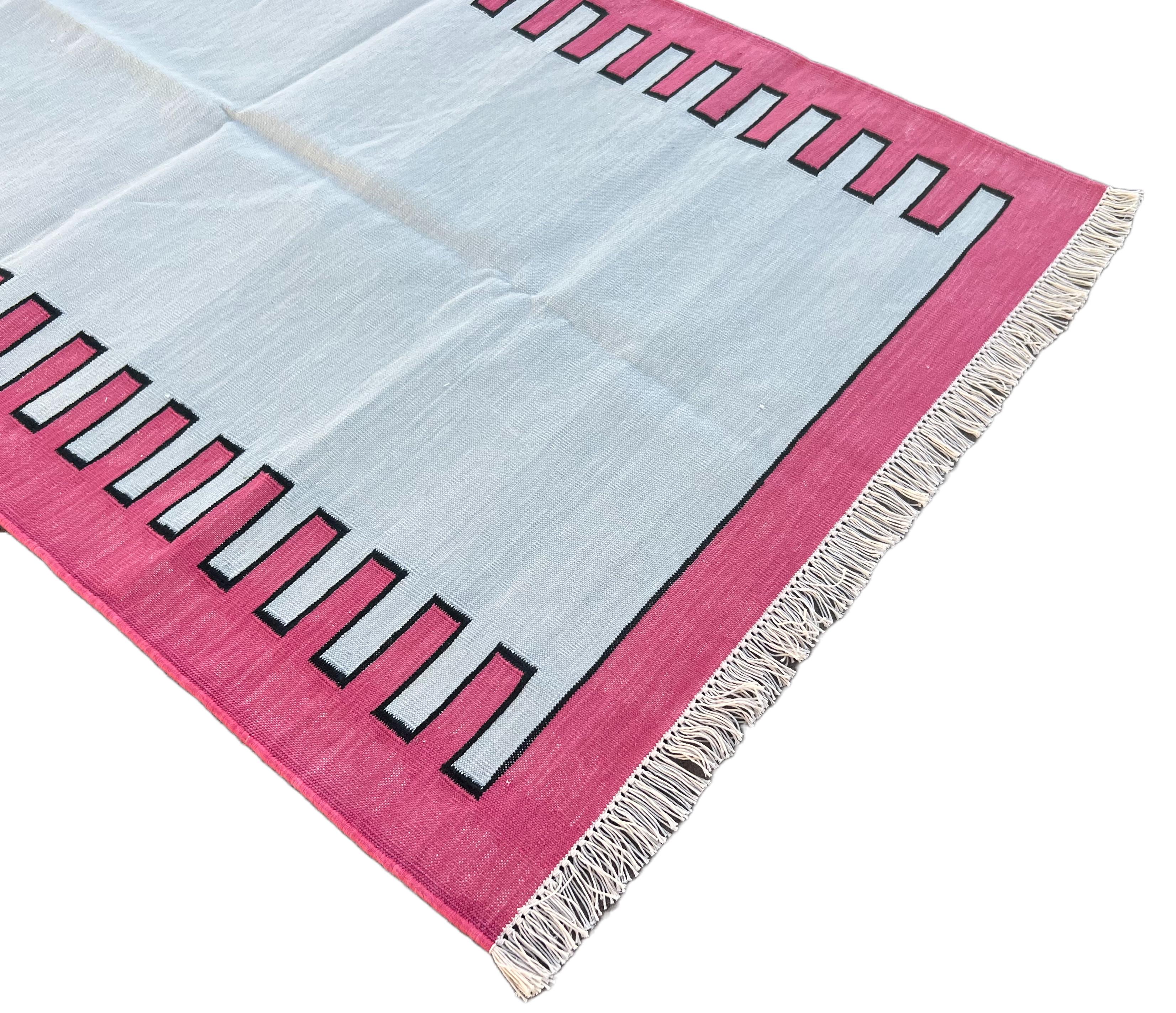 Hand-Woven Handmade Cotton Area Flat Weave Rug, 3x5 Blue And Pink Striped Indian Dhurrie For Sale