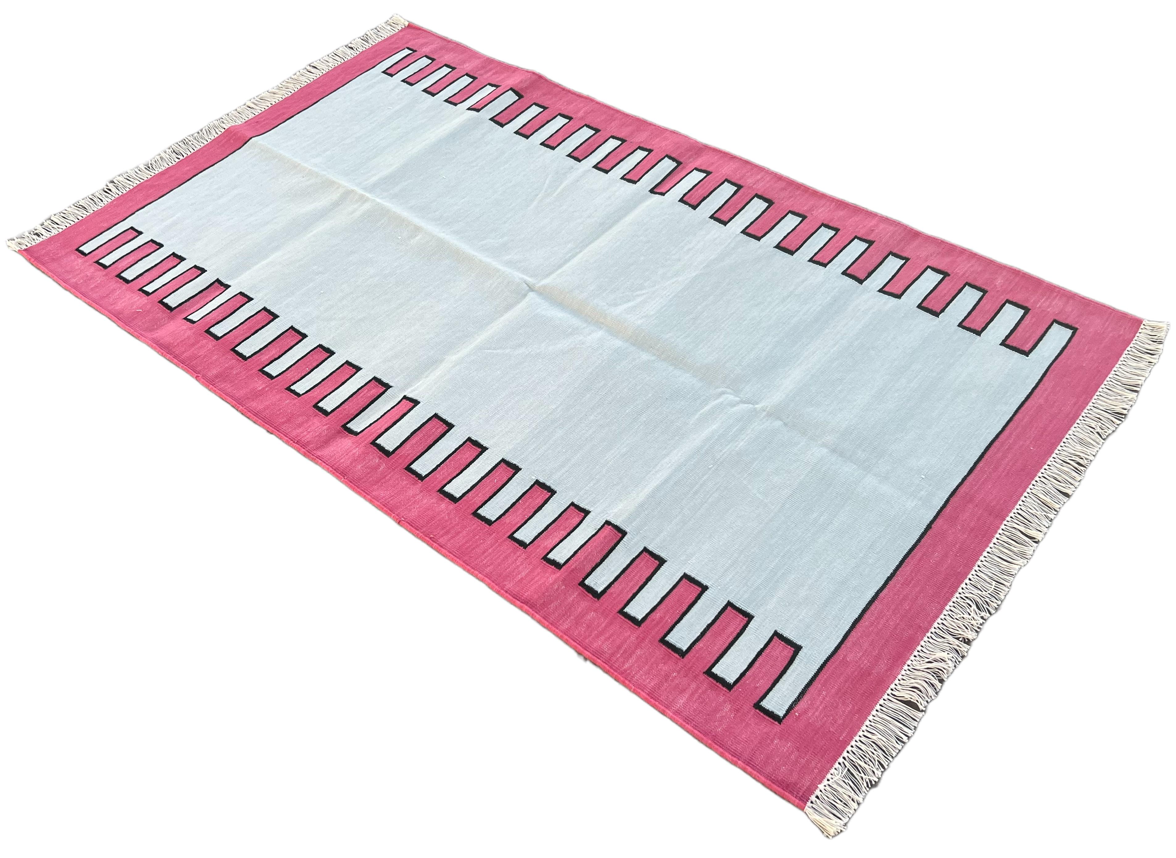 Contemporary Handmade Cotton Area Flat Weave Rug, 3x5 Blue And Pink Striped Indian Dhurrie For Sale