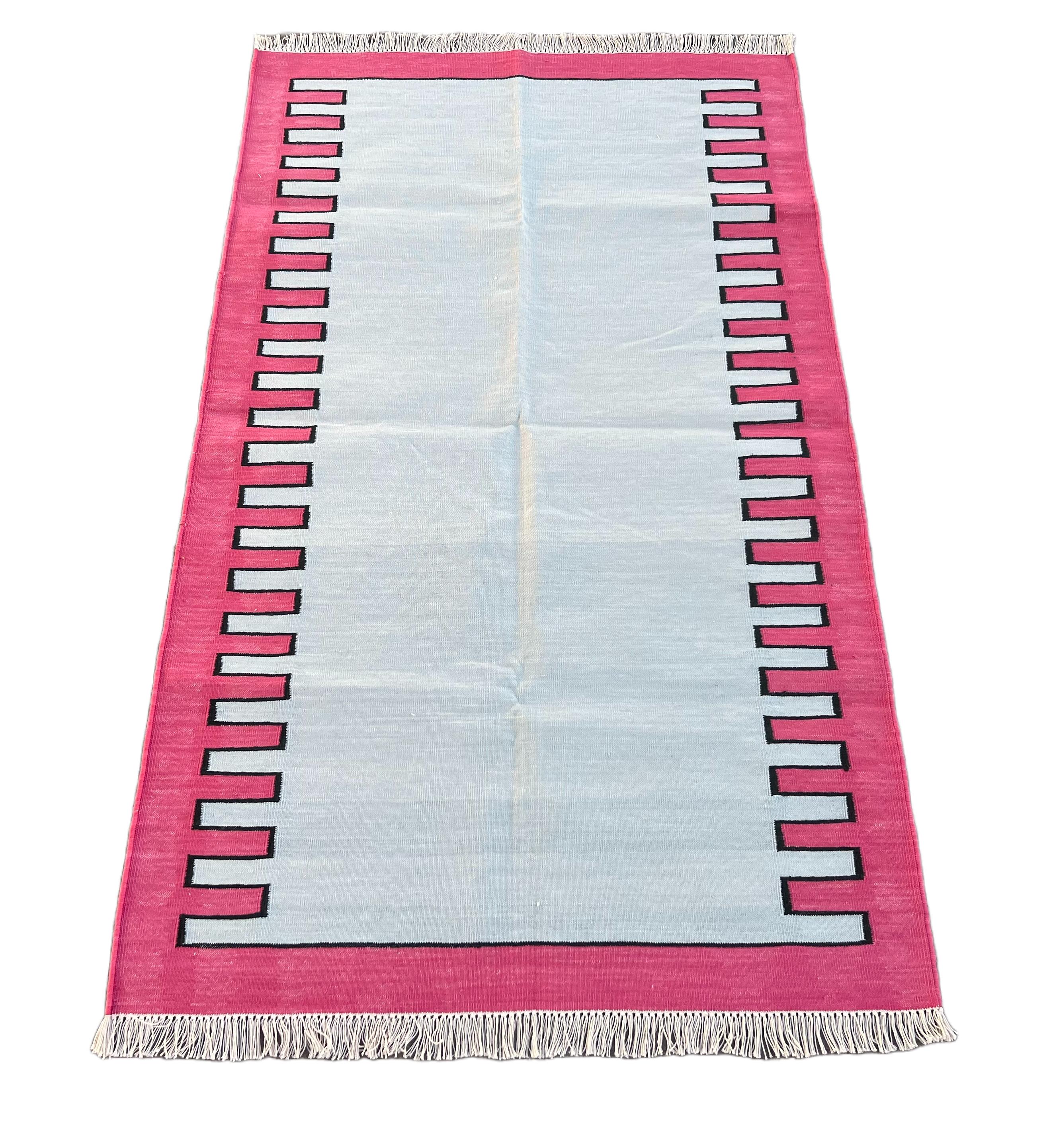 Handmade Cotton Area Flat Weave Rug, 3x5 Blue And Pink Striped Indian Dhurrie For Sale 1