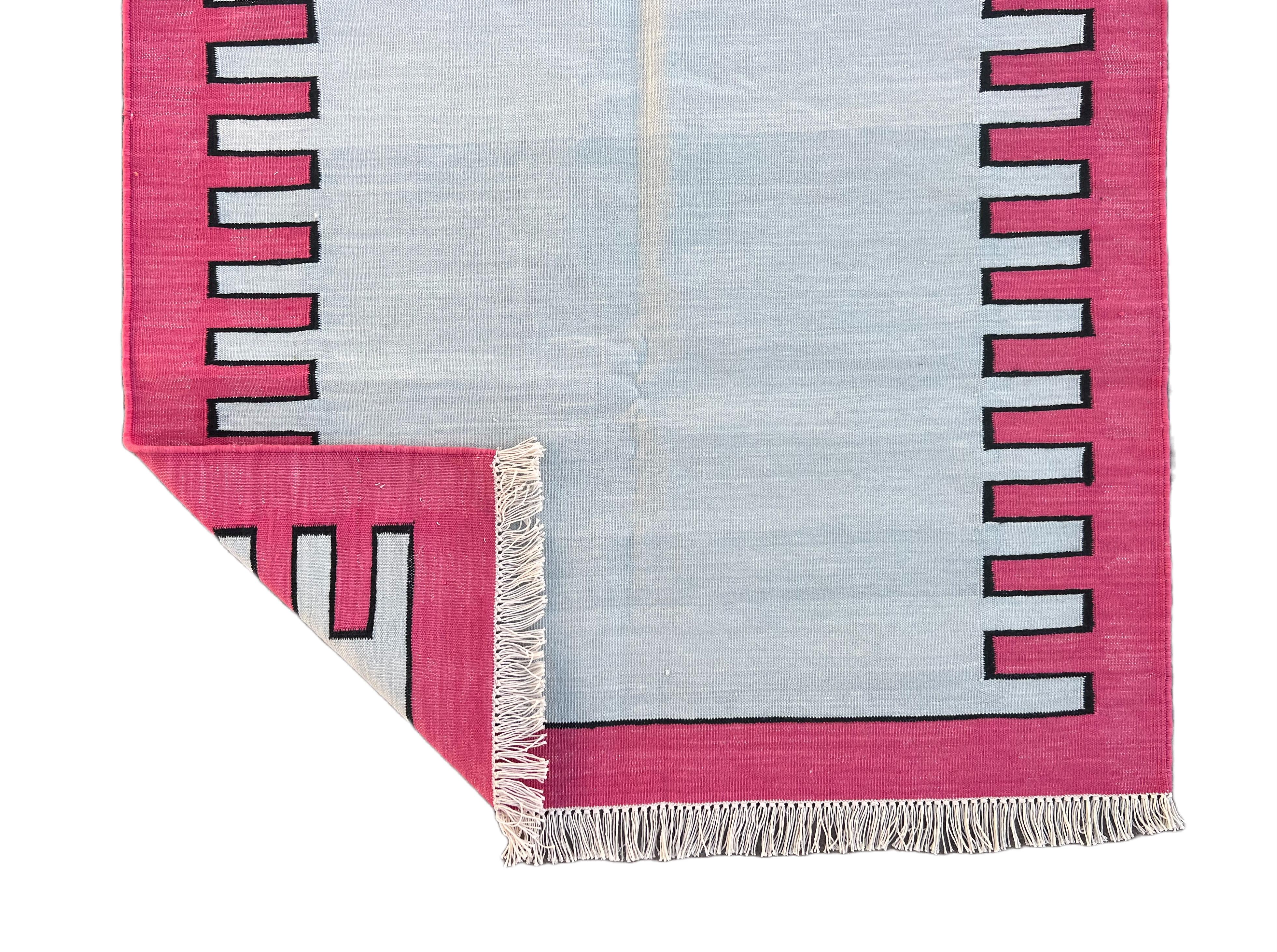 Handmade Cotton Area Flat Weave Rug, 3x5 Blue And Pink Striped Indian Dhurrie For Sale 3