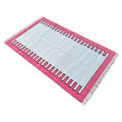 Tappeto a tessitura piatta in cotone fatto a mano, 3x5 a righe blu e rosa, indiano Dhurrie