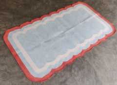 Handmade Cotton Area Flat Weave Rug, 3'x5' Blue And Red Scalloped Indian Dhurrie