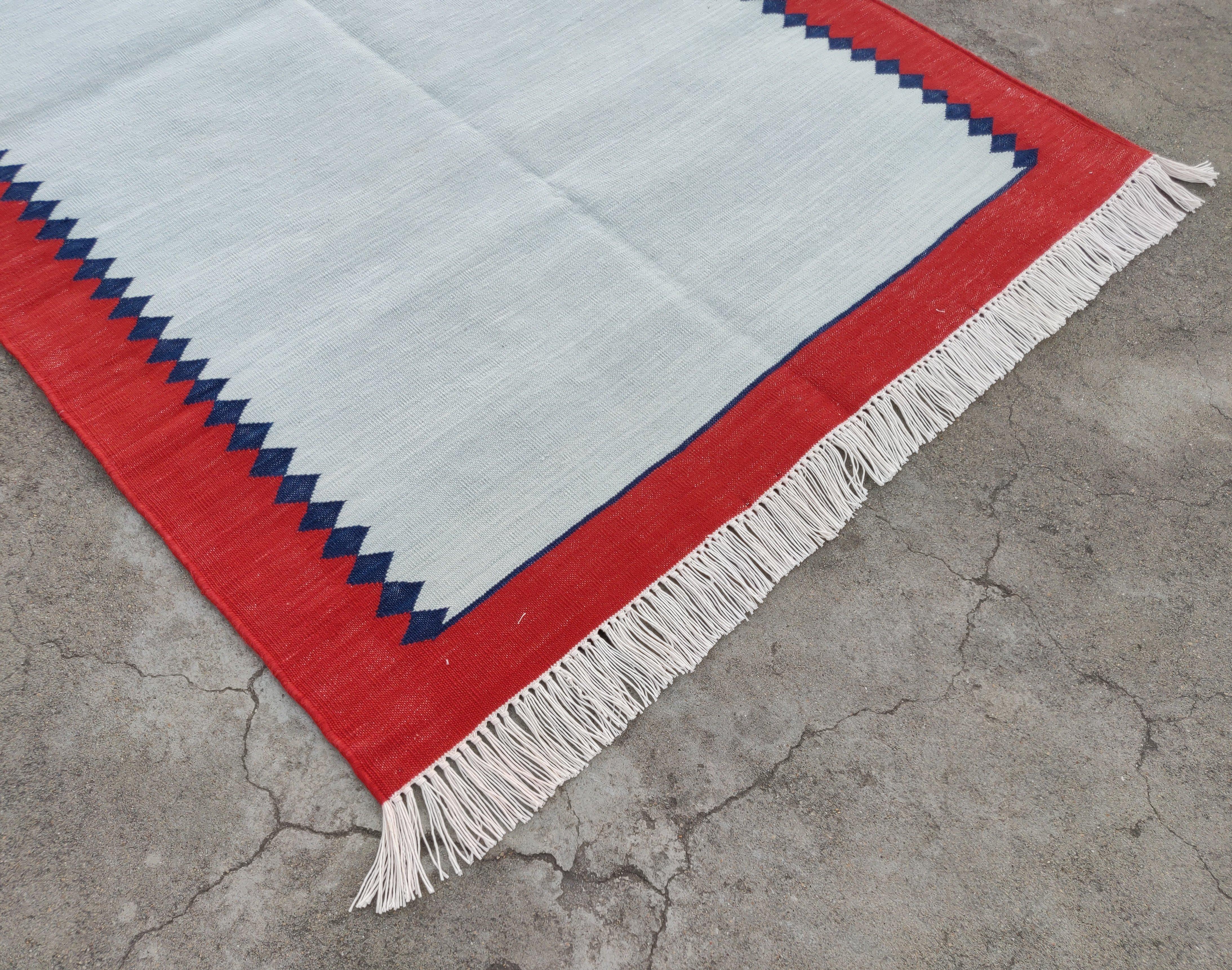 Mid-Century Modern Handmade Cotton Area Flat Weave Rug, 3'x5' Blue And Red Striped Indian Dhurrie For Sale