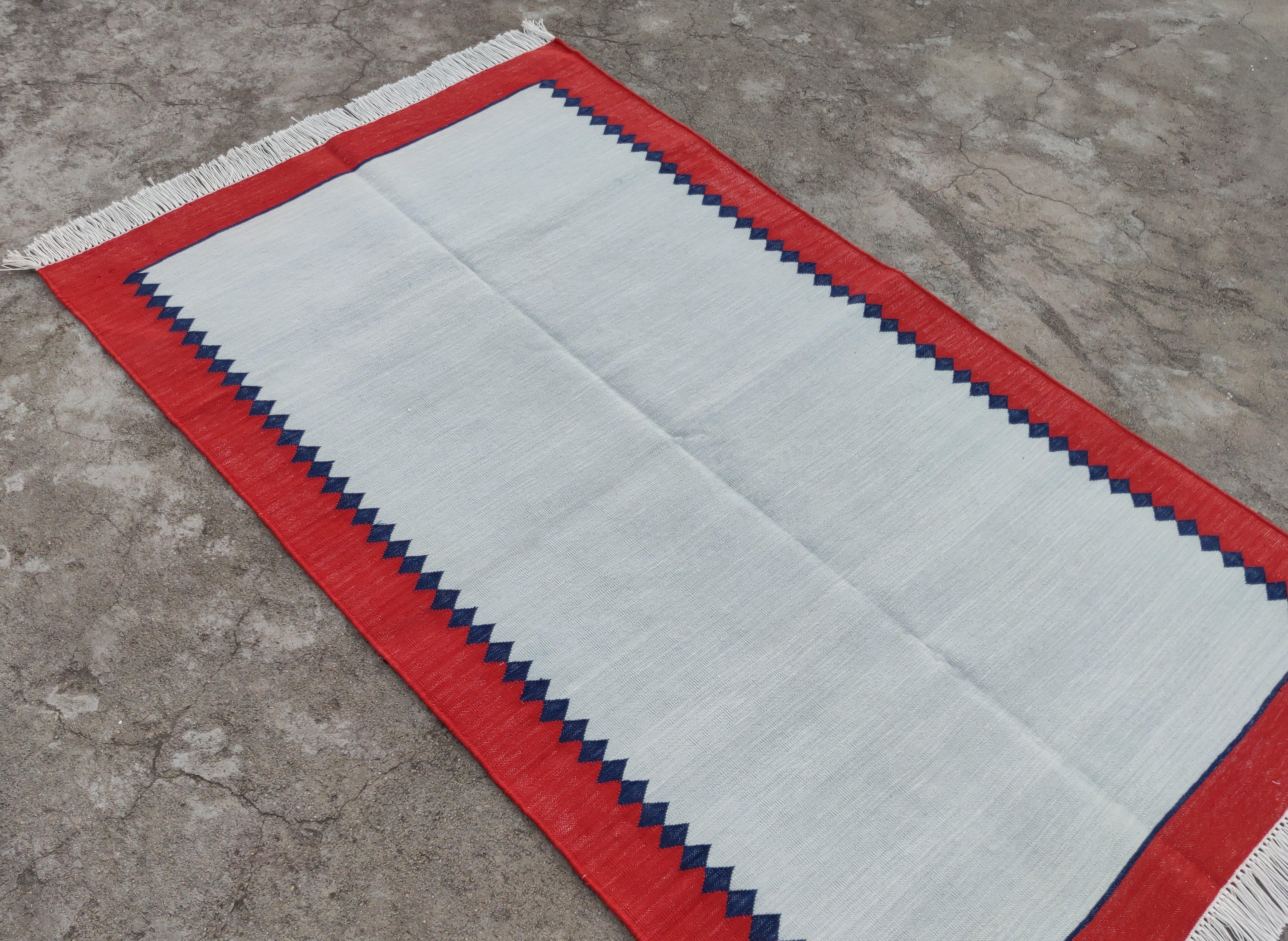 Handmade Cotton Area Flat Weave Rug, 3'x5' Blue And Red Striped Indian Dhurrie For Sale 1