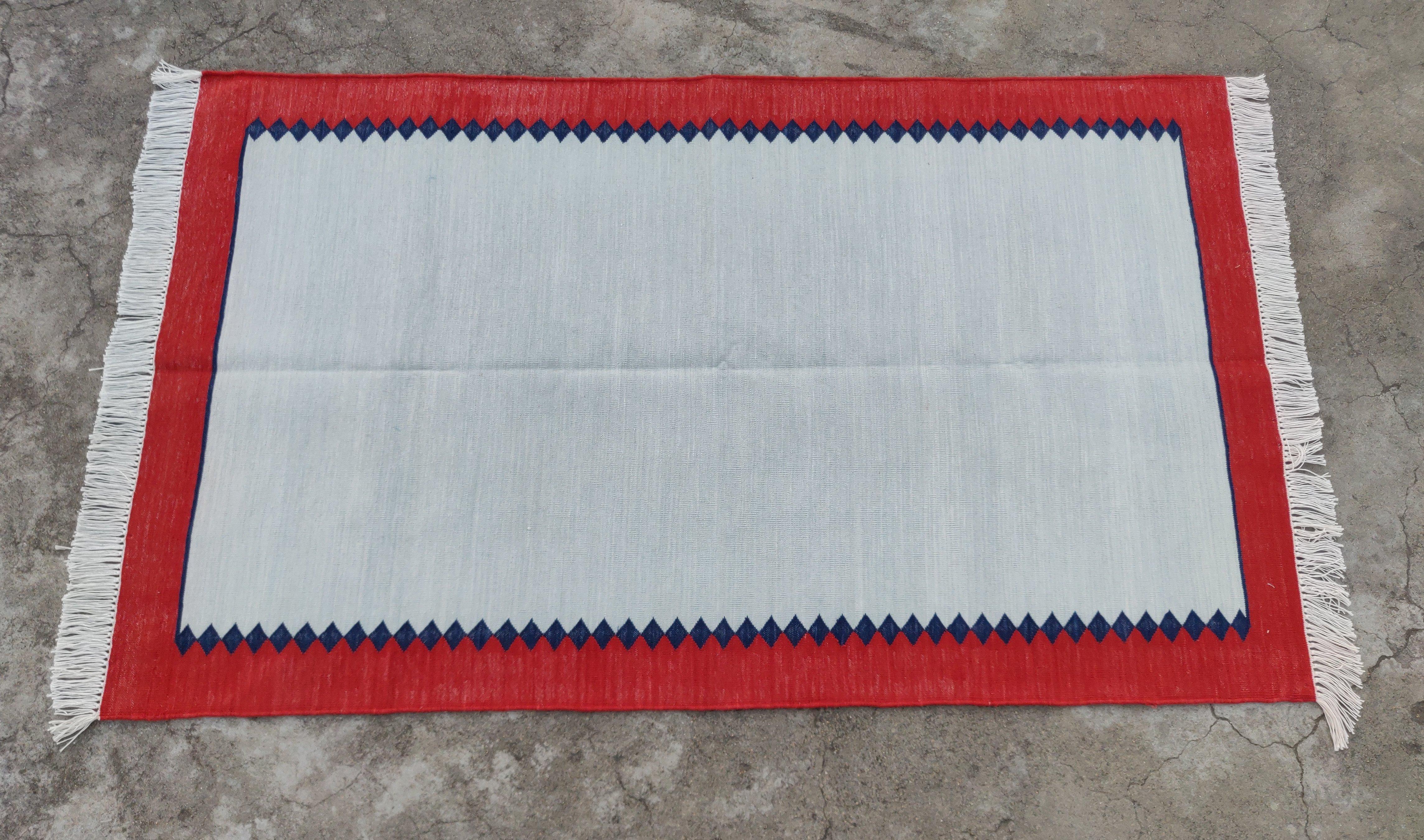 Handmade Cotton Area Flat Weave Rug, 3'x5' Blue And Red Striped Indian Dhurrie For Sale 2