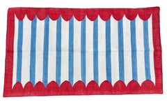 Handmade Cotton Area Flat Weave Rug, 3x5 Blue And Red Striped Indian Dhurrie Rug