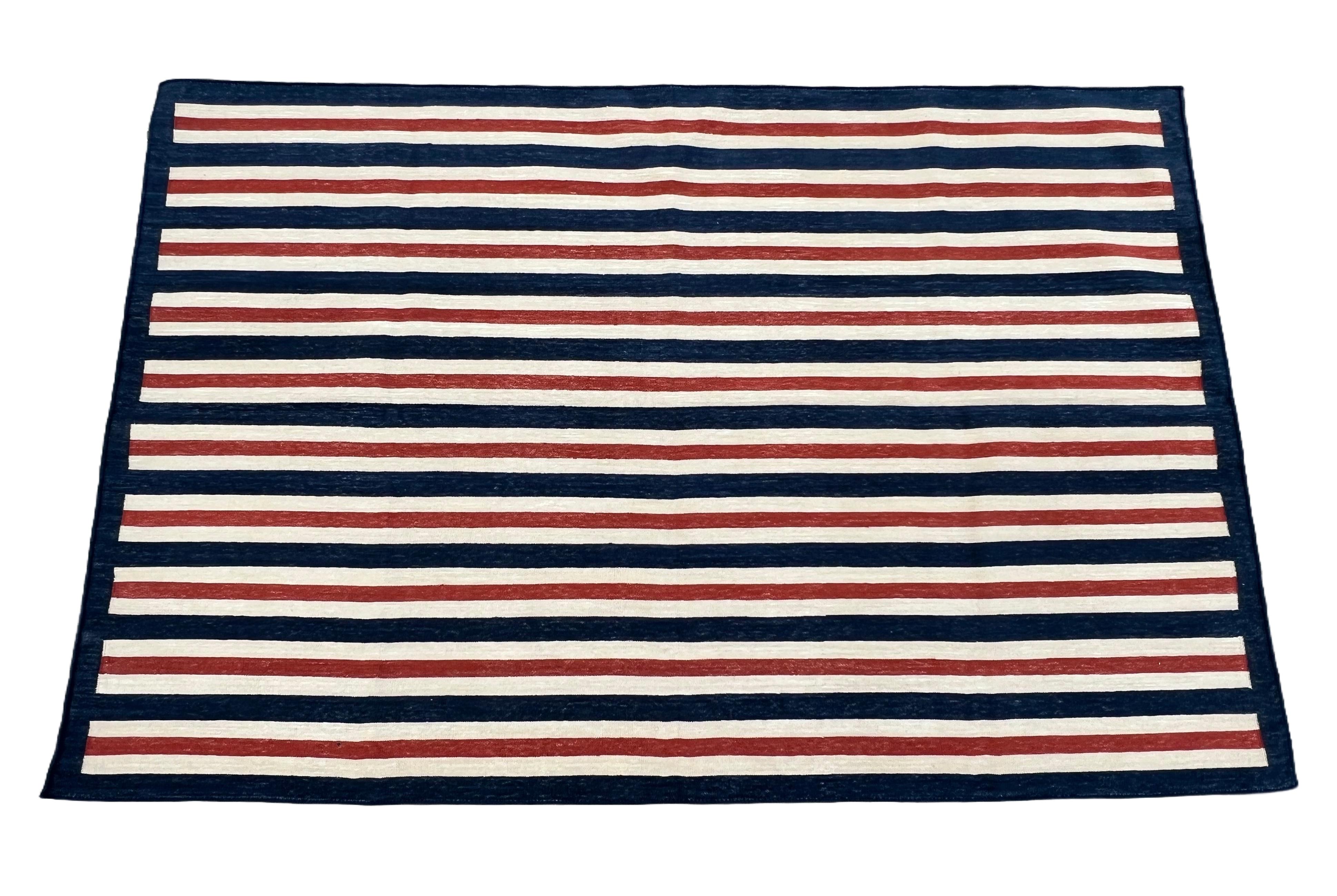 Mid-Century Modern Handmade Cotton Area Flat Weave Rug, 3x5 Blue And Red Striped Indian Dhurrie Rug For Sale