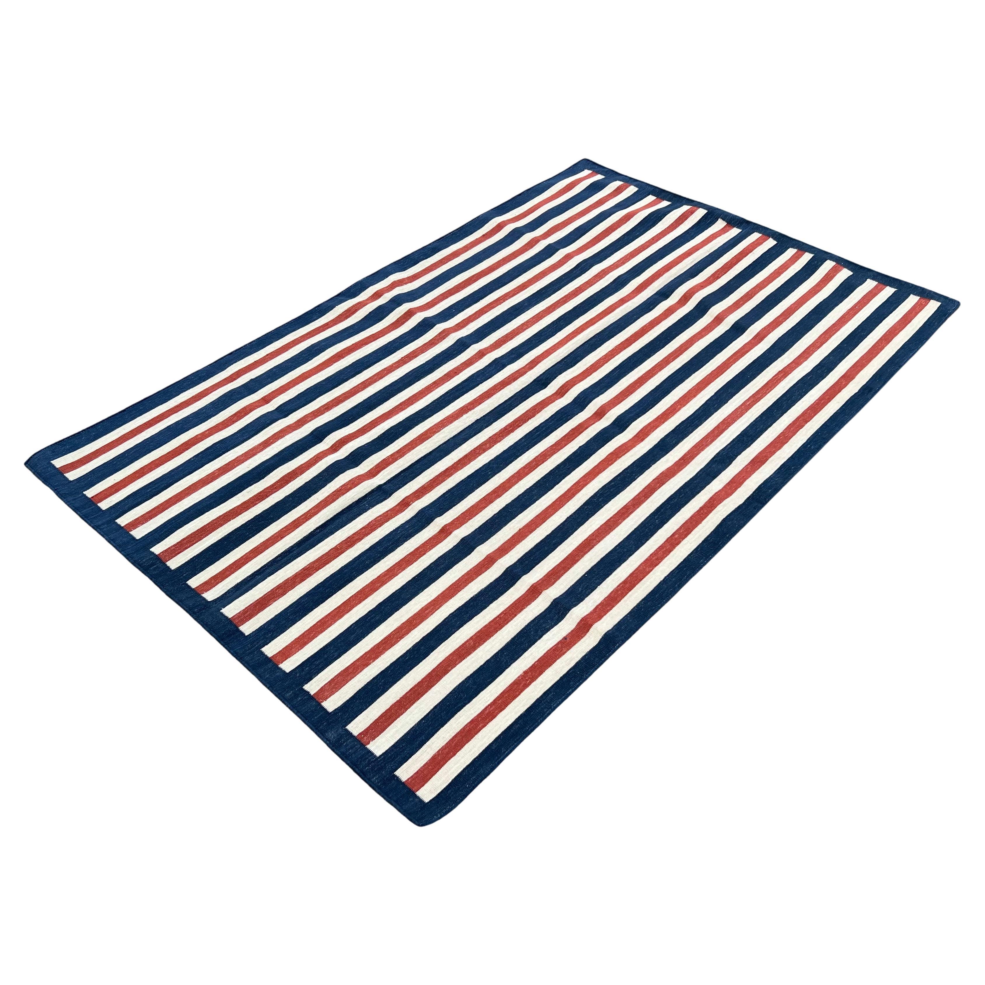Handmade Cotton Area Flat Weave Rug, 3x5 Blue And Red Striped Indian Dhurrie Rug For Sale