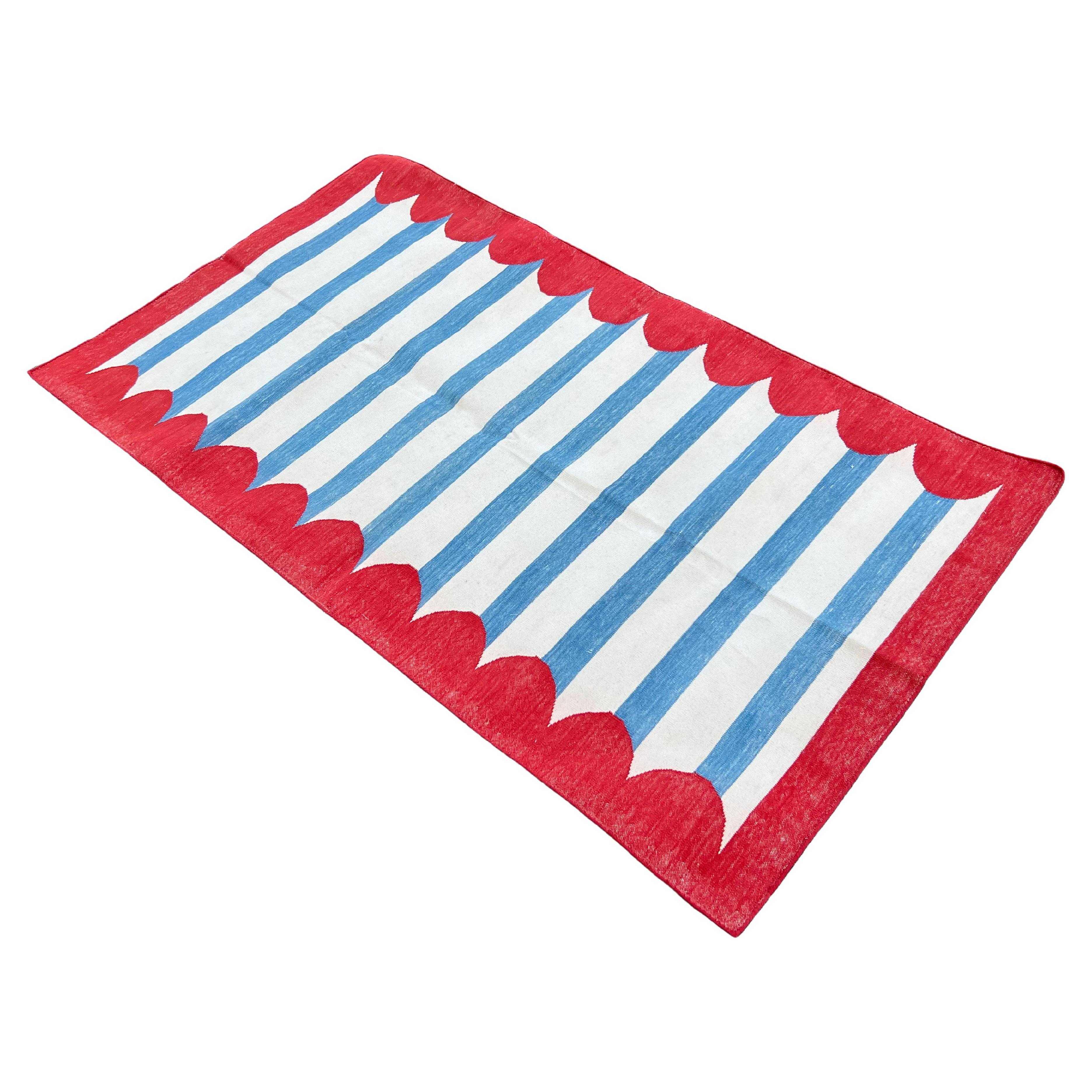 Handmade Cotton Area Flat Weave Rug, 3x5 Blue And Red Striped Indian Dhurrie Rug