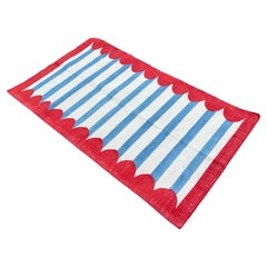 Handmade Cotton Area Flat Weave Rug, 3x5 Blue And Red Striped Indian Dhurrie Rug