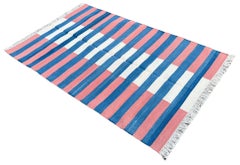 Handmade Cotton Area Flat Weave Rug, 3x5 Blue And Red Striped Rug Indian Dhurrie