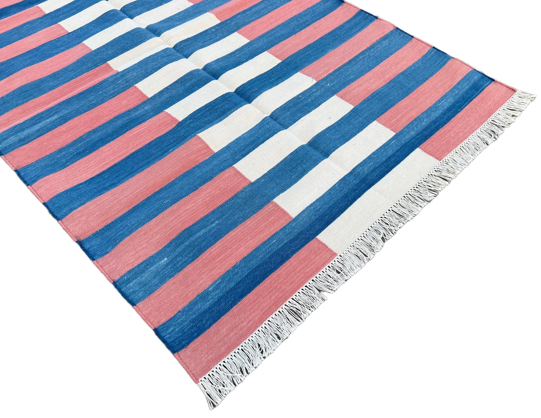 Mid-Century Modern Handmade Cotton Area Flat Weave Rug, 3x5 Blue And Red Striped Rug Indian Dhurrie For Sale