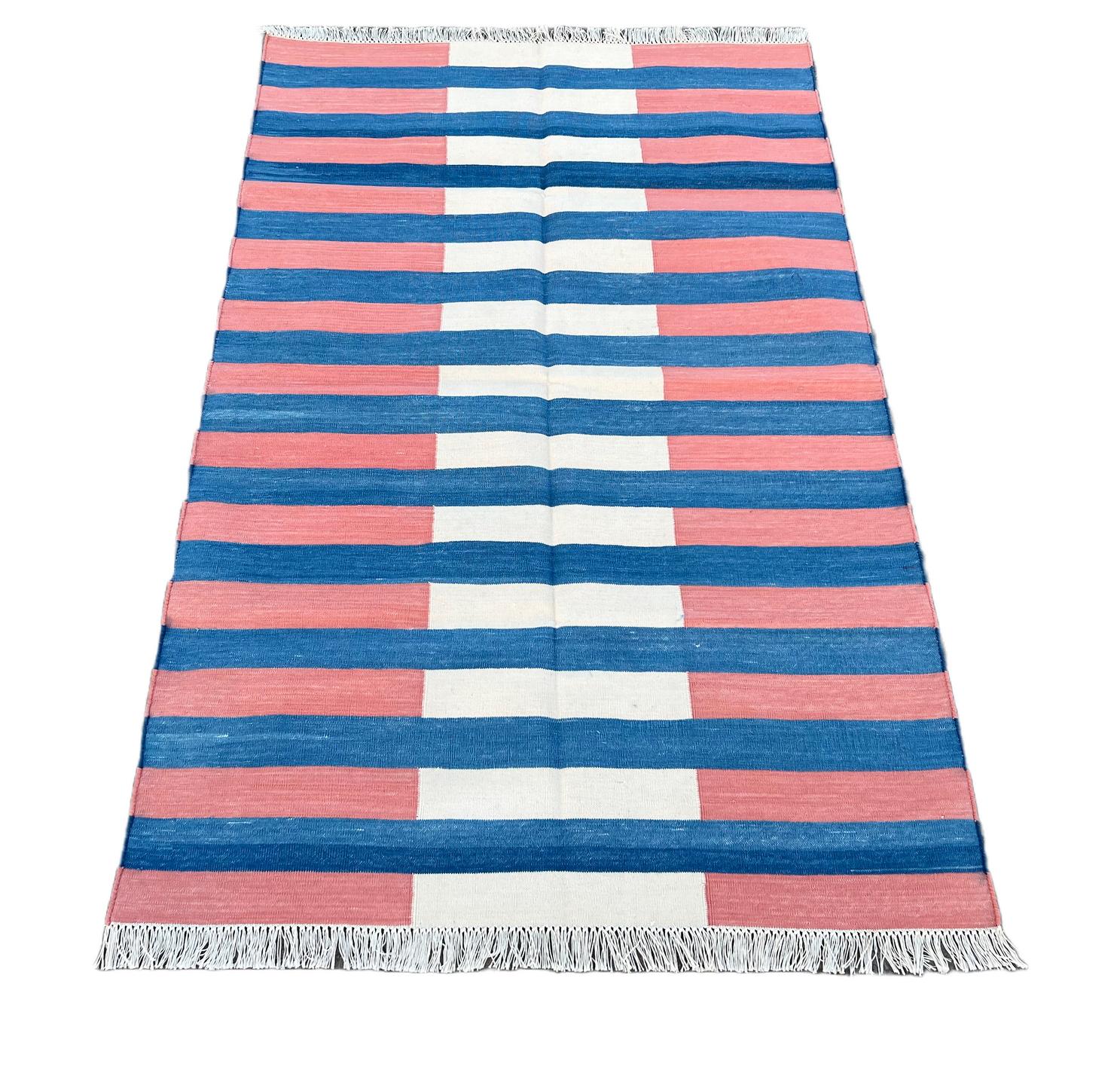 Contemporary Handmade Cotton Area Flat Weave Rug, 3x5 Blue And Red Striped Rug Indian Dhurrie For Sale