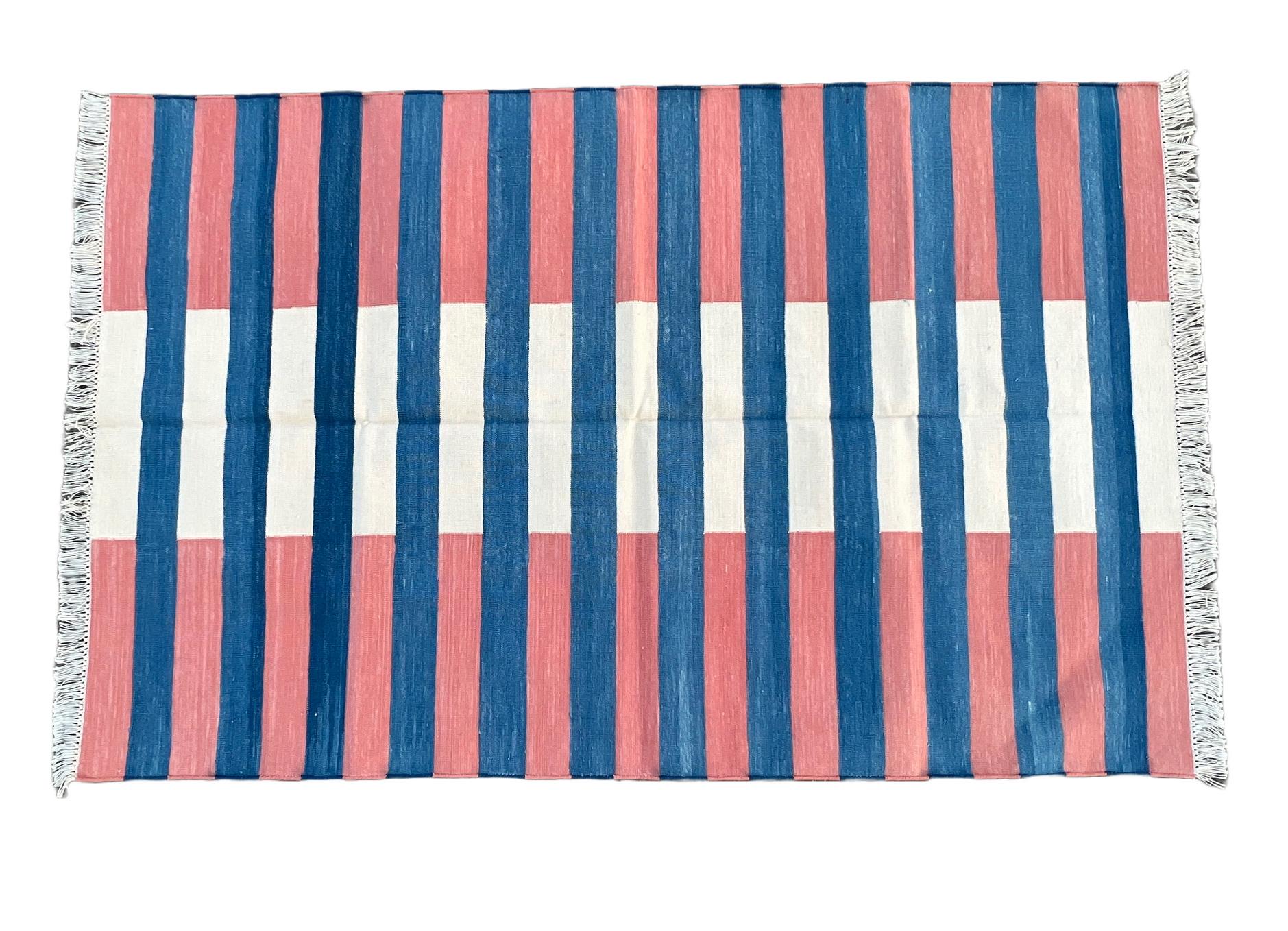 Handmade Cotton Area Flat Weave Rug, 3x5 Blue And Red Striped Rug Indian Dhurrie For Sale 1