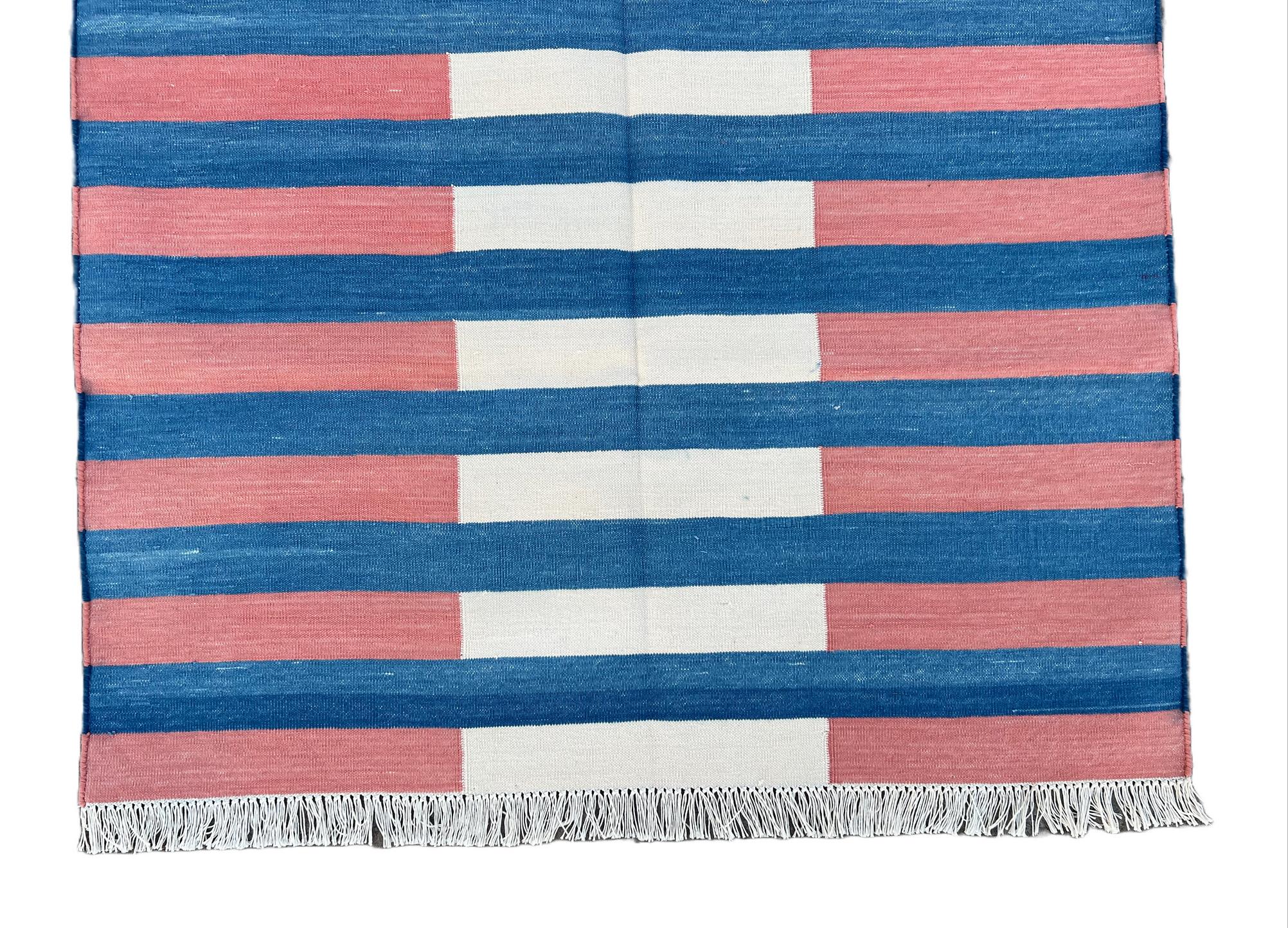 Handmade Cotton Area Flat Weave Rug, 3x5 Blue And Red Striped Rug Indian Dhurrie For Sale 3