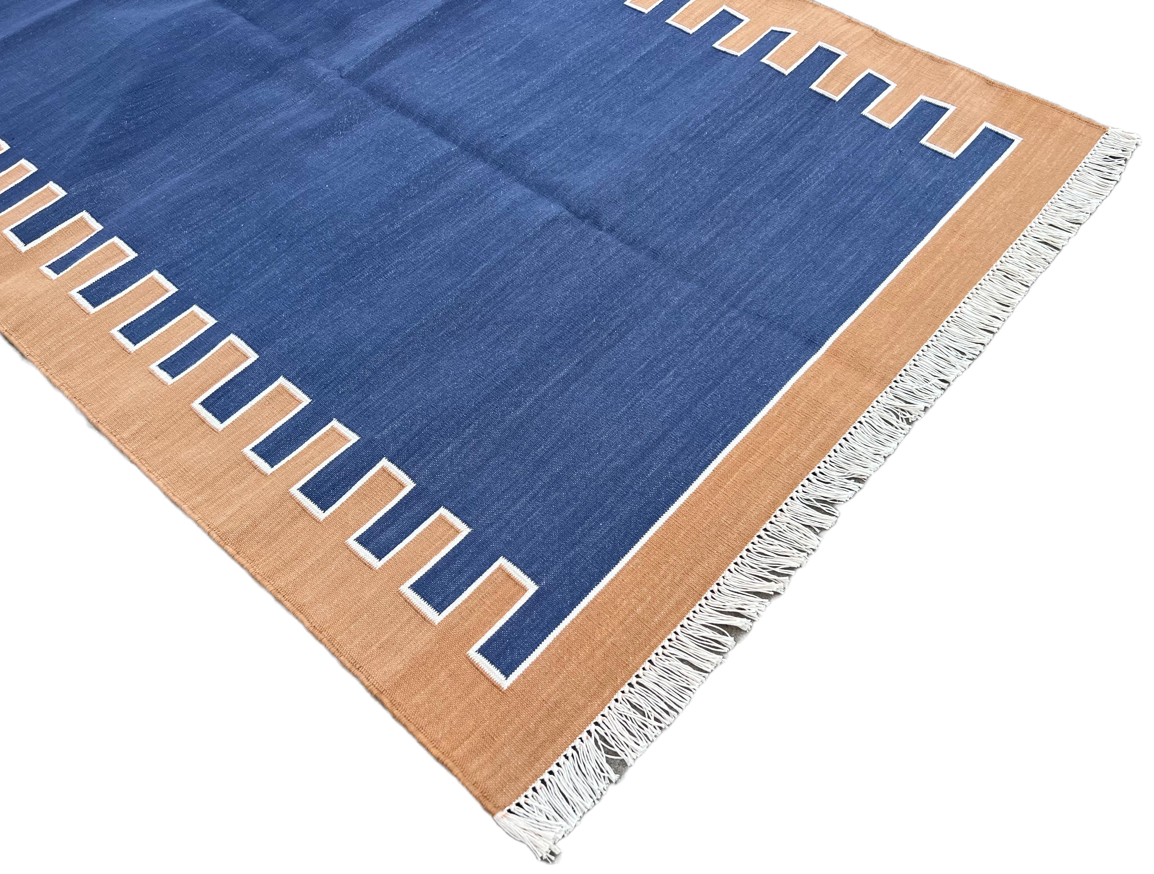 Mid-Century Modern Handmade Cotton Area Flat Weave Rug, 3x5 Blue And Tan Zig Zag Striped Dhurrie For Sale