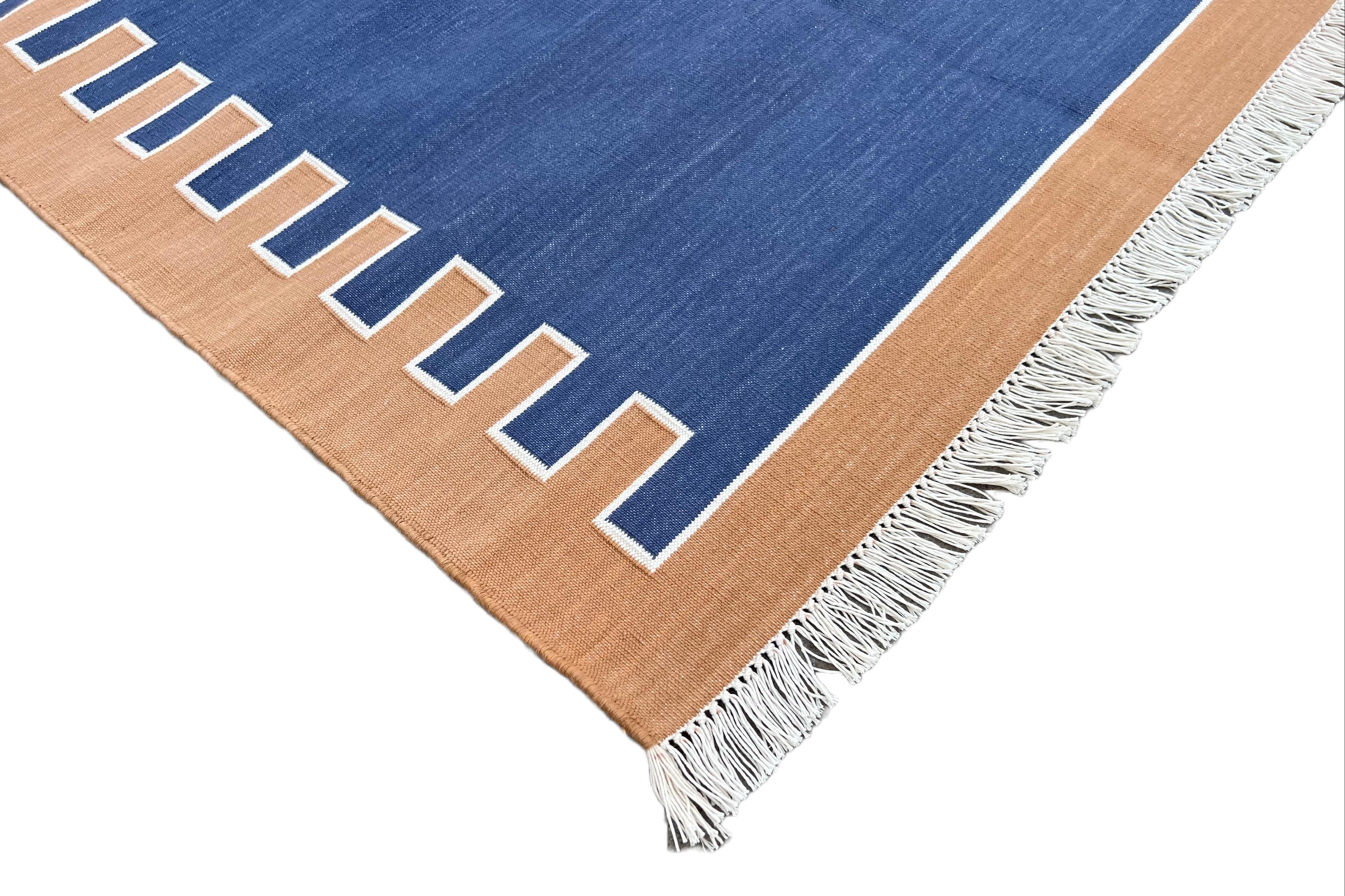 Indian Handmade Cotton Area Flat Weave Rug, 3x5 Blue And Tan Zig Zag Striped Dhurrie For Sale