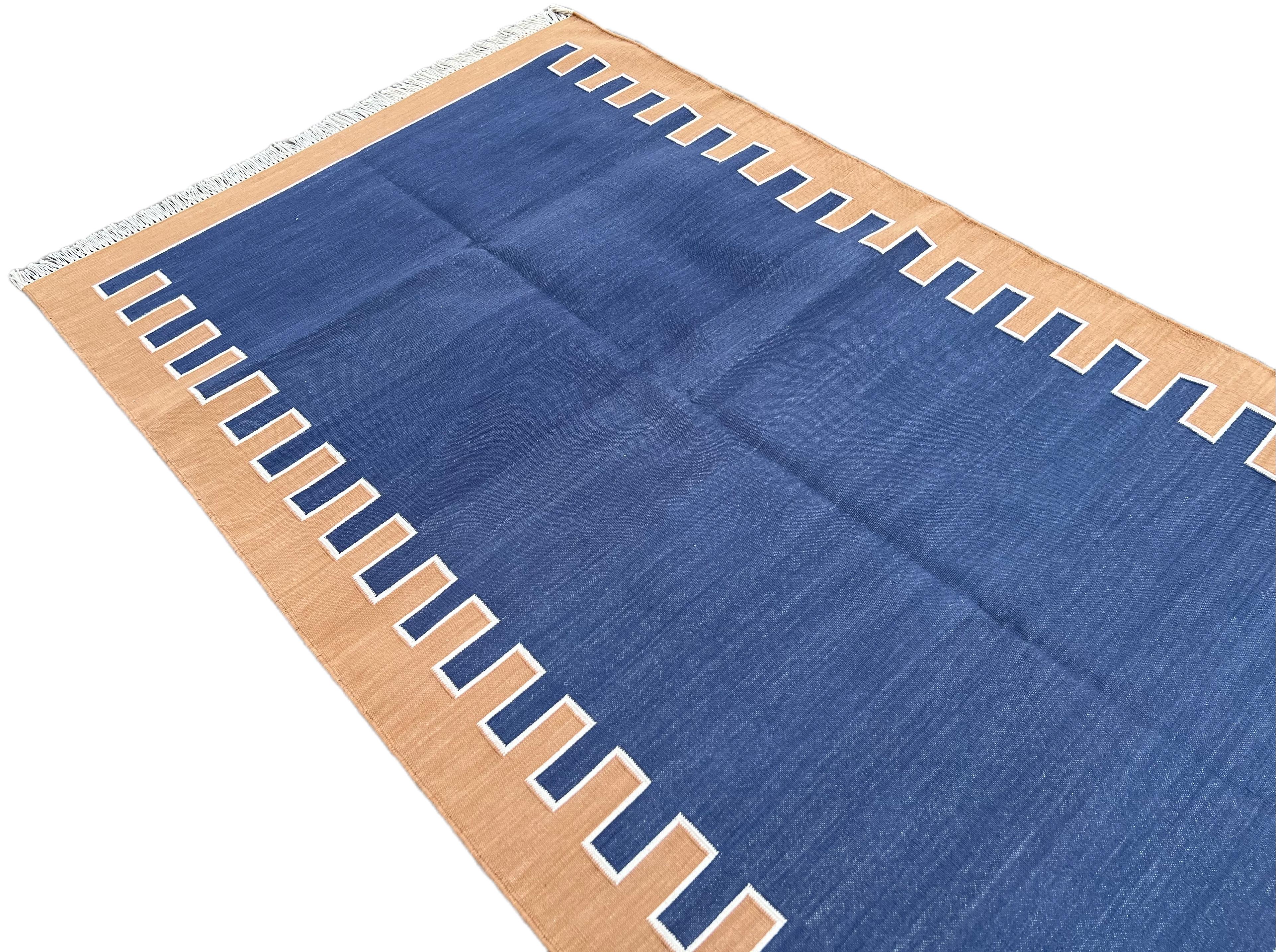 Contemporary Handmade Cotton Area Flat Weave Rug, 3x5 Blue And Tan Zig Zag Striped Dhurrie For Sale