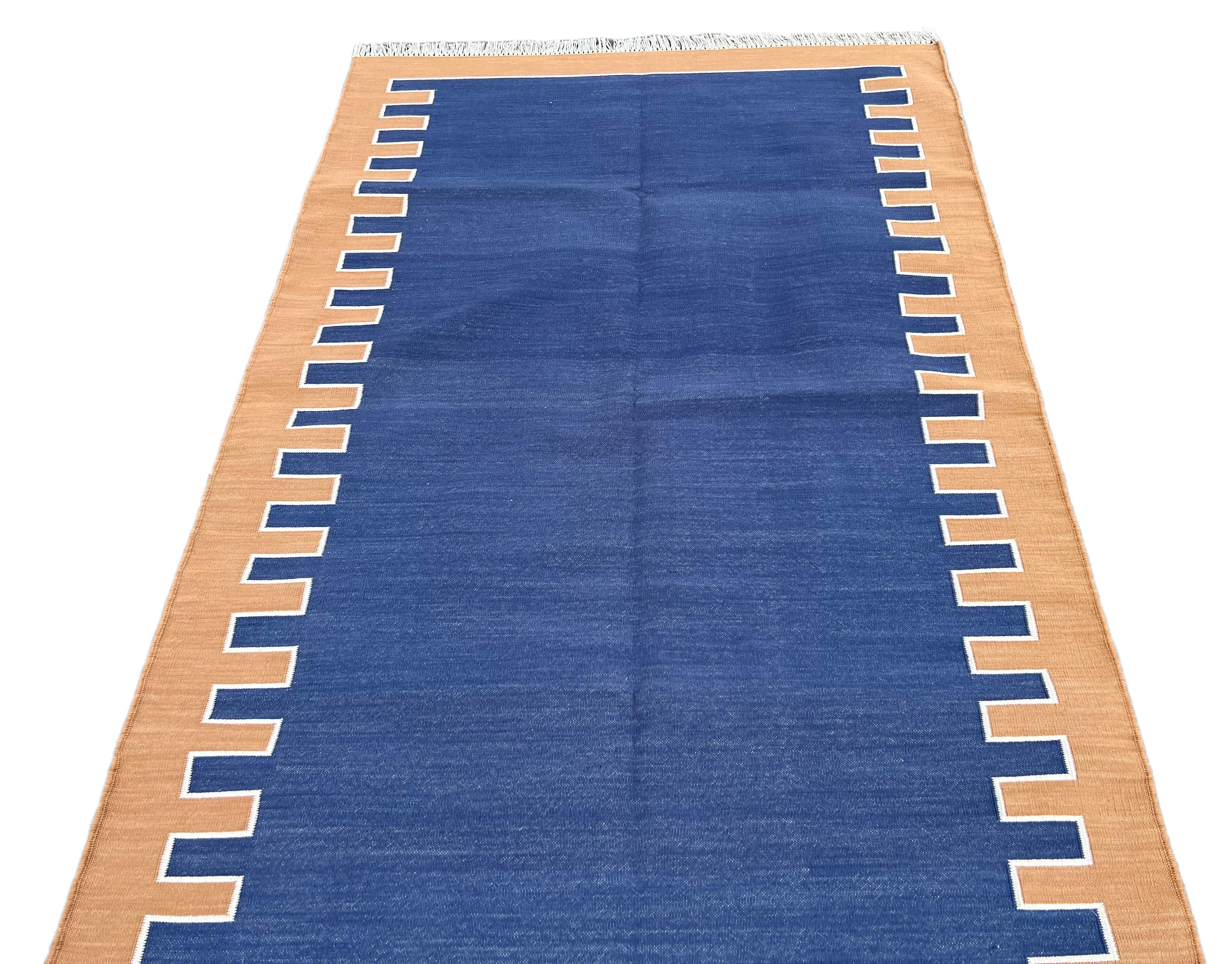 Handmade Cotton Area Flat Weave Rug, 3x5 Blue And Tan Zig Zag Striped Dhurrie For Sale 1