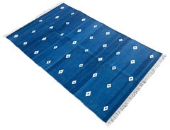 Tappeto a tessitura piatta in cotone fatto a mano, 3x5 Diamante blu e bianco Indiano Dhurrie