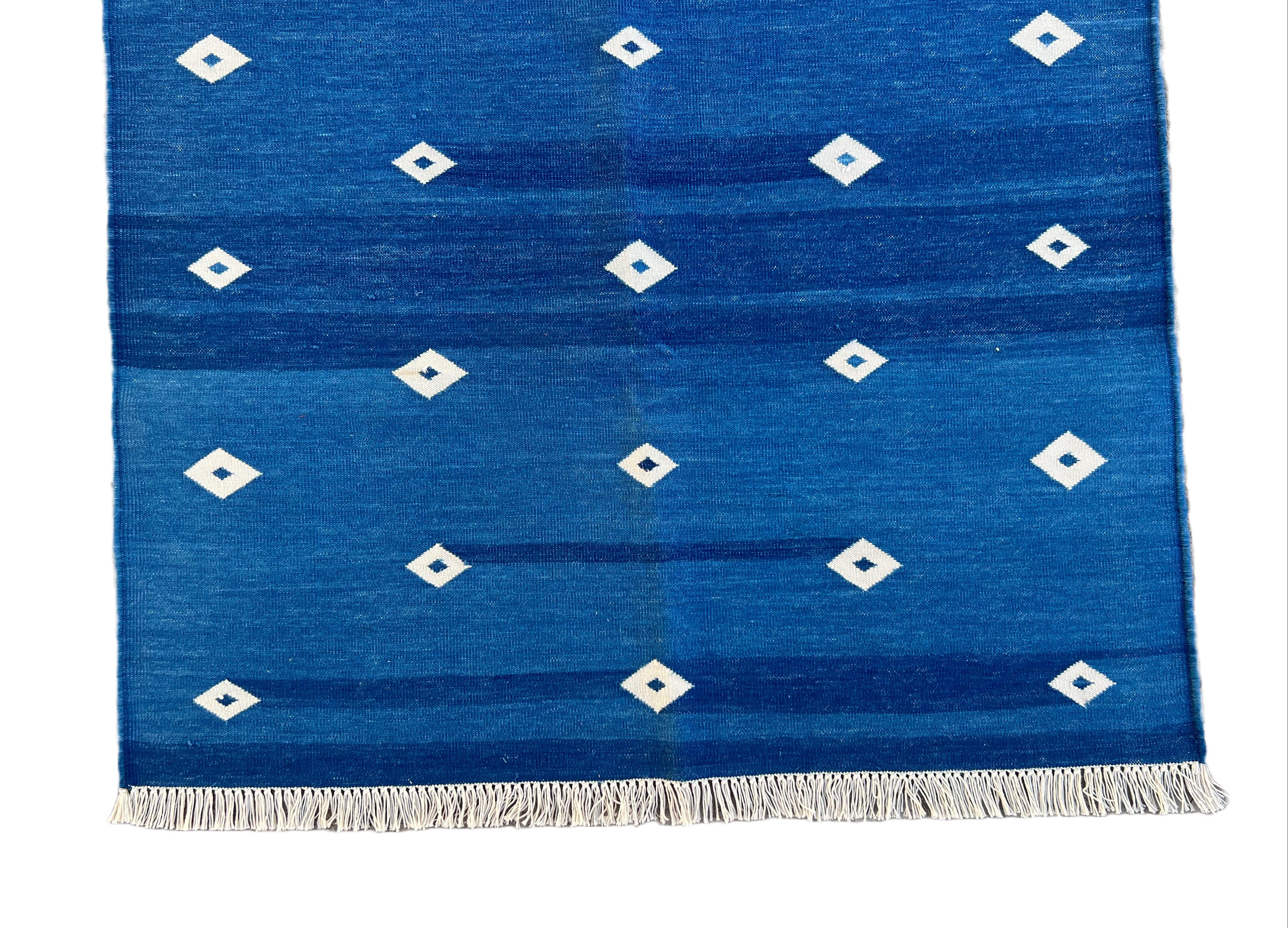 Handmade Cotton Area Flat Weave Rug, 3x5 Blue And White Diamond Indian Dhurrie For Sale 1