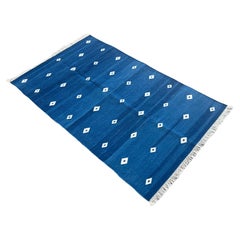 Tapis Dhurrie indien à tissage plat fait à la main, 3 x 5, bleu et blanc diamant