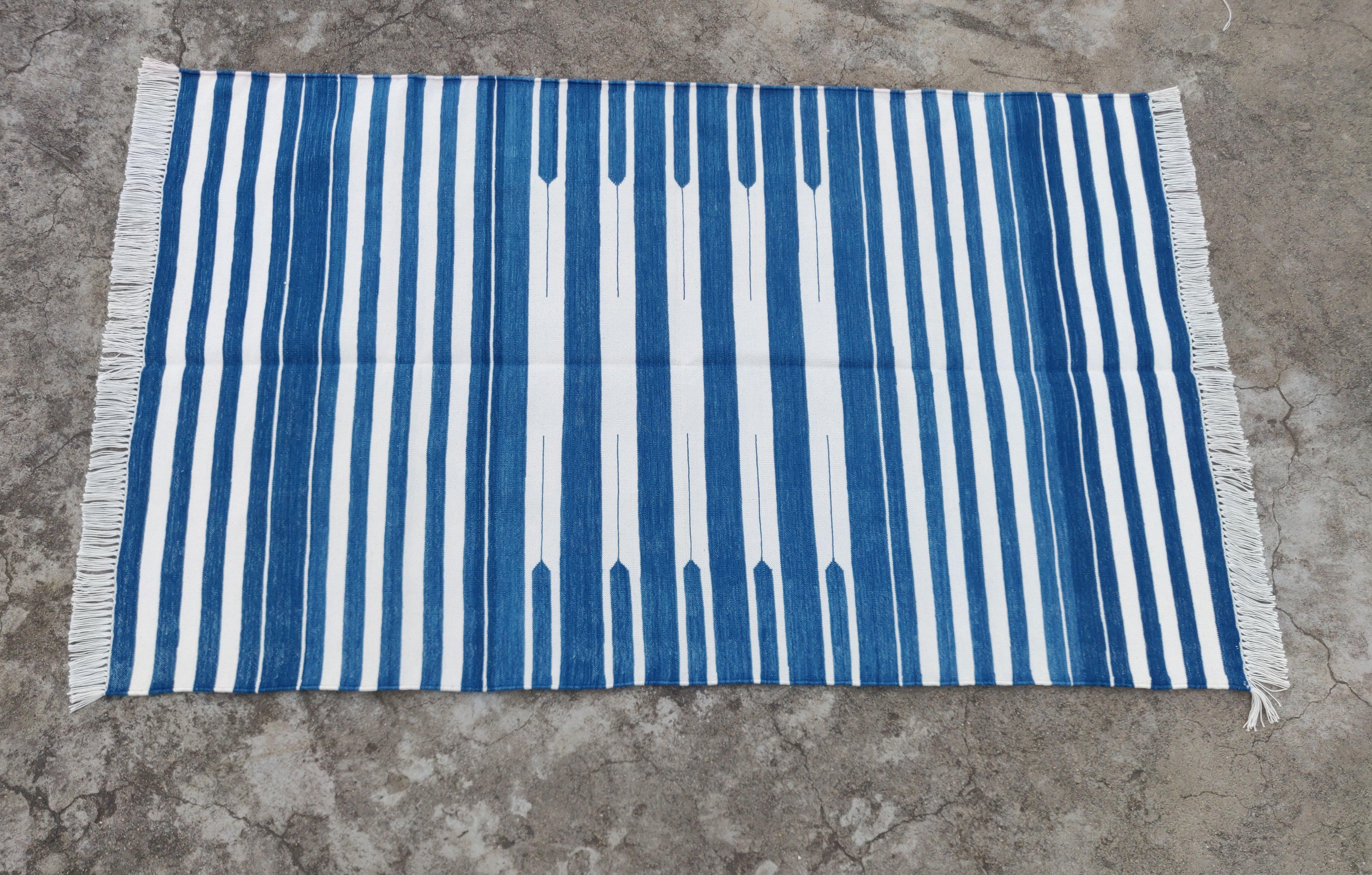 Handmade Cotton Area Flat Weave Rug, 3x5 Blue And White Striped Indian Dhurrie For Sale 4