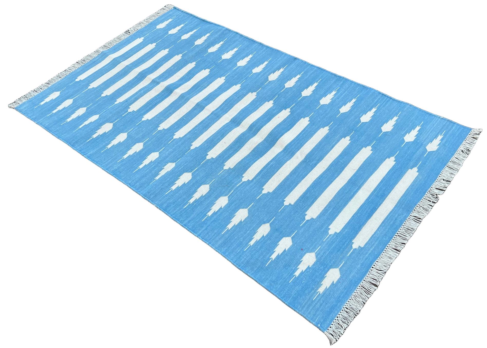 Cotton Vegetable Dyed Blue And White Striped Indian Dhurrie Rug-3'x5' 
These special flat-weave dhurries are hand-woven with 15 ply 100% cotton yarn. Due to the special manufacturing techniques used to create our rugs, the size and color of each