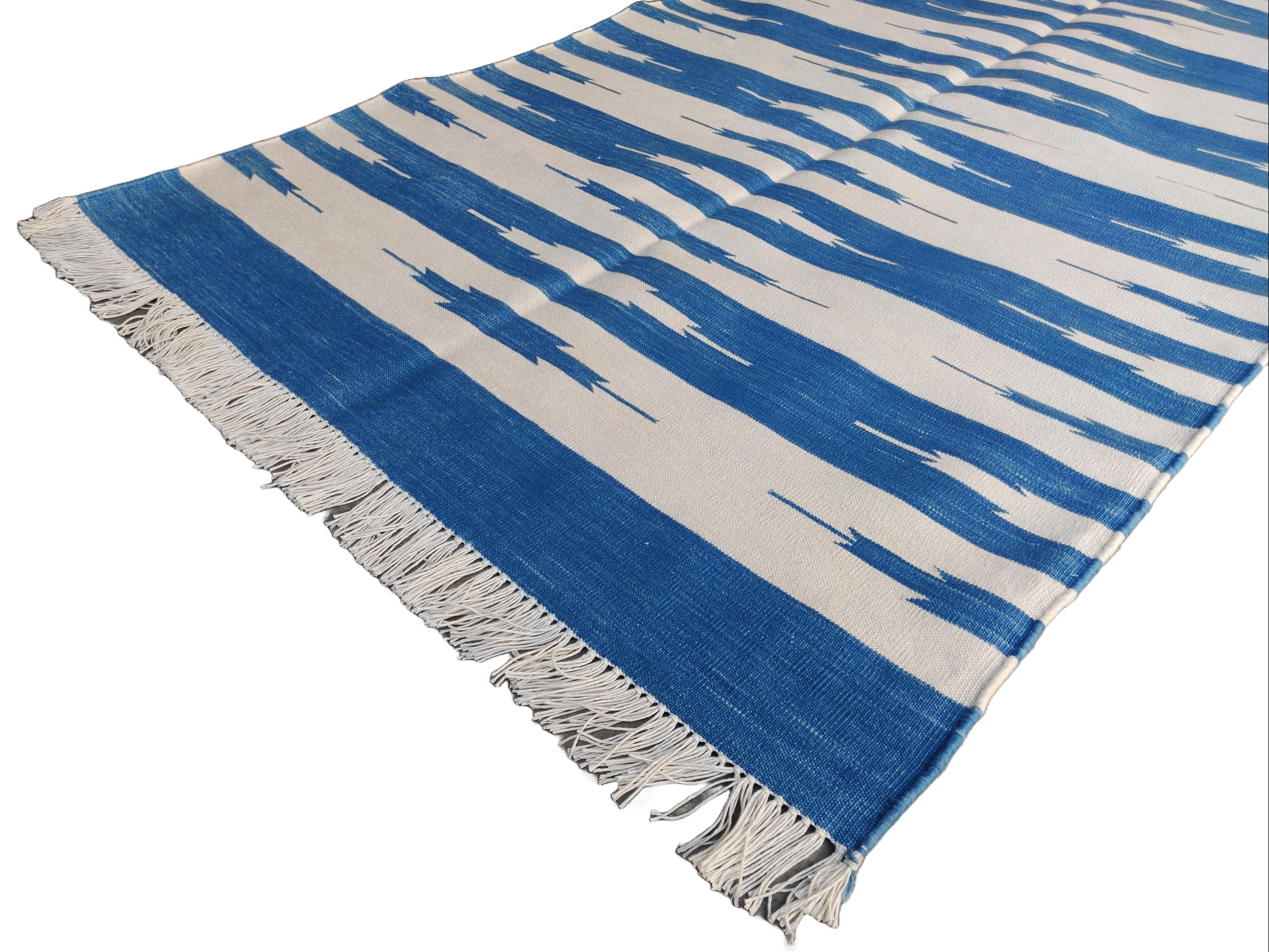 Cotton Vegetable Dyed Sky Blue and White Striped Indian Dhurrie Rug-36