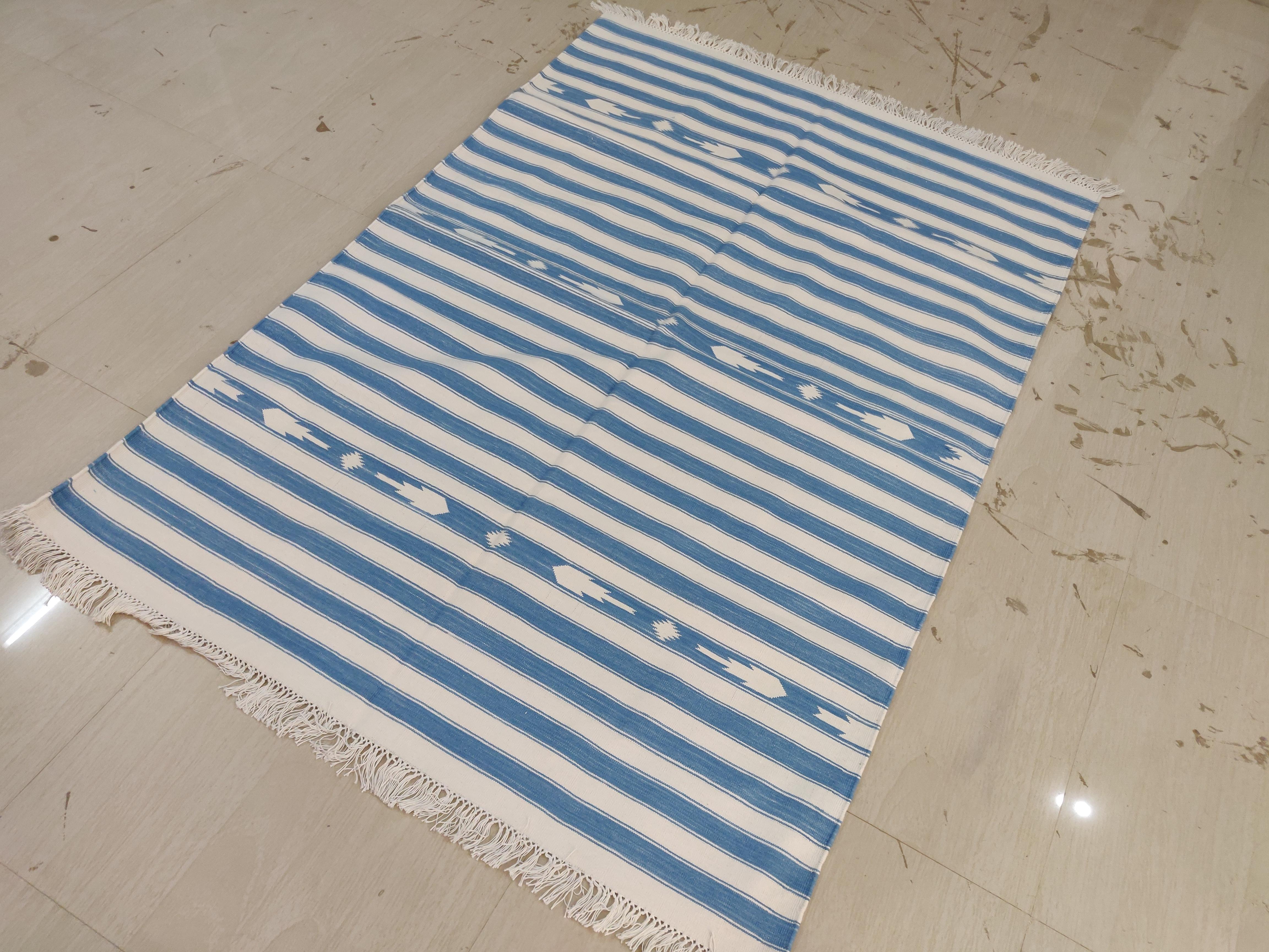 Cotton Vegetable Dyed Sky Blue And White Striped Indian Dhurrie Rug-36