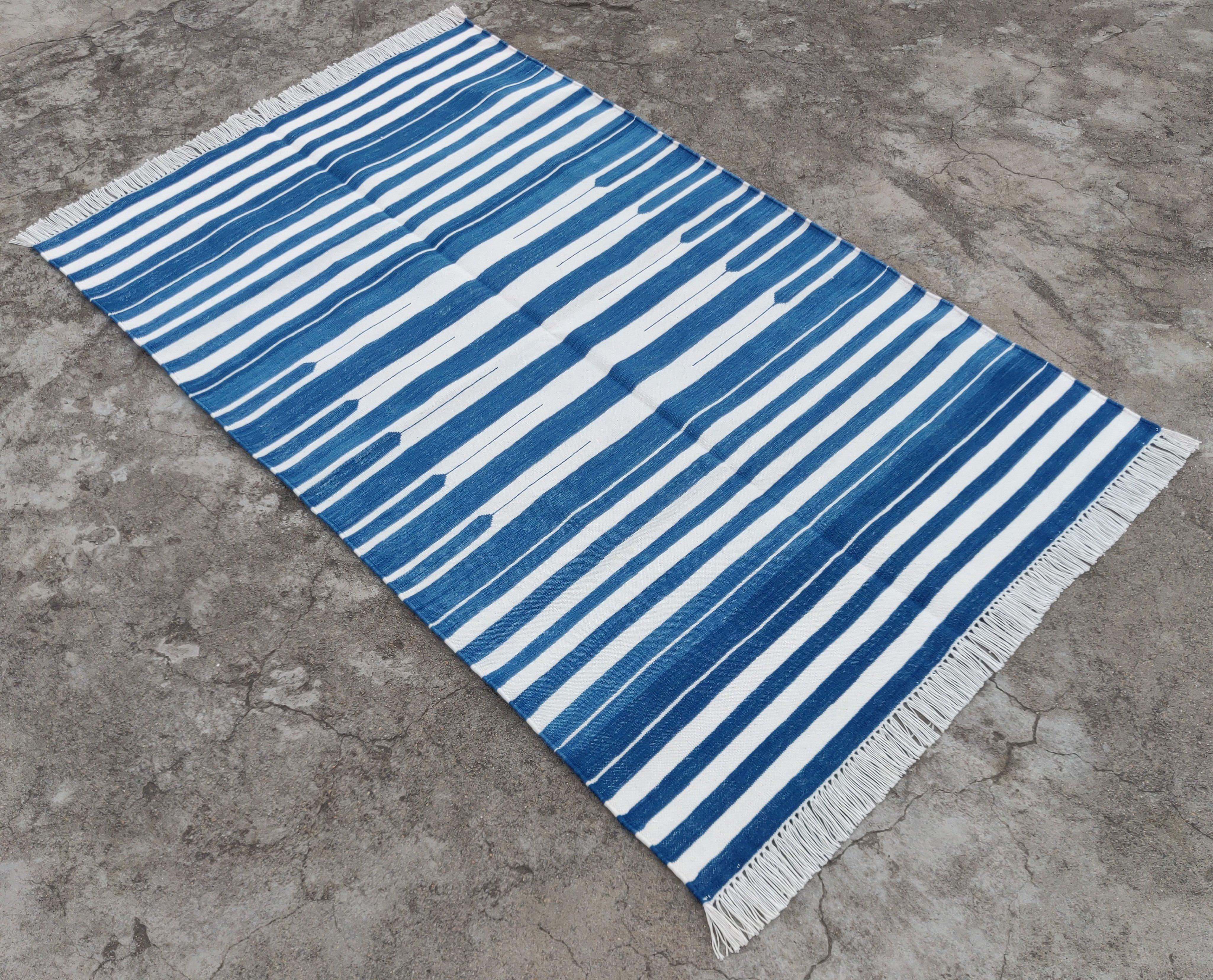 Cotton Vegetable Dyed Indigo Blue And White Striped Indian Dhurrie Rug-36