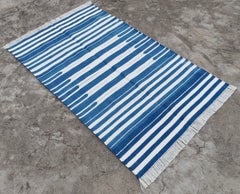 Handmade Cotton Area Flat Weave Rug, 3x5 Blue And White Striped Indian Dhurrie