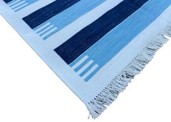 Handmade Cotton Area Flat Weave Rug, 3x5 Blue And White Striped Indian Dhurrie