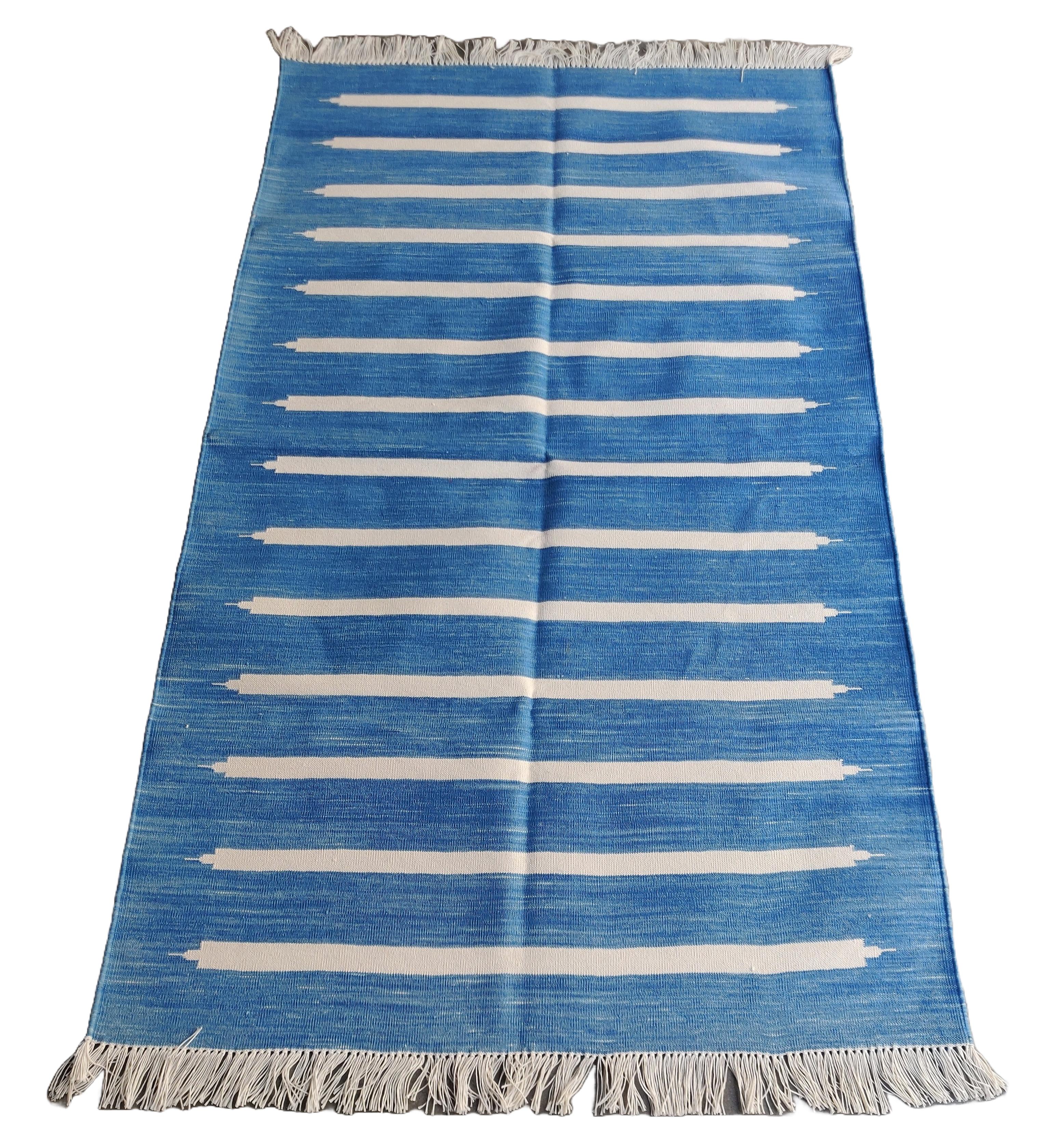Mid-Century Modern Handmade Cotton Area Flat Weave Rug, 3x5 Blue And White Striped Indian Dhurrie For Sale