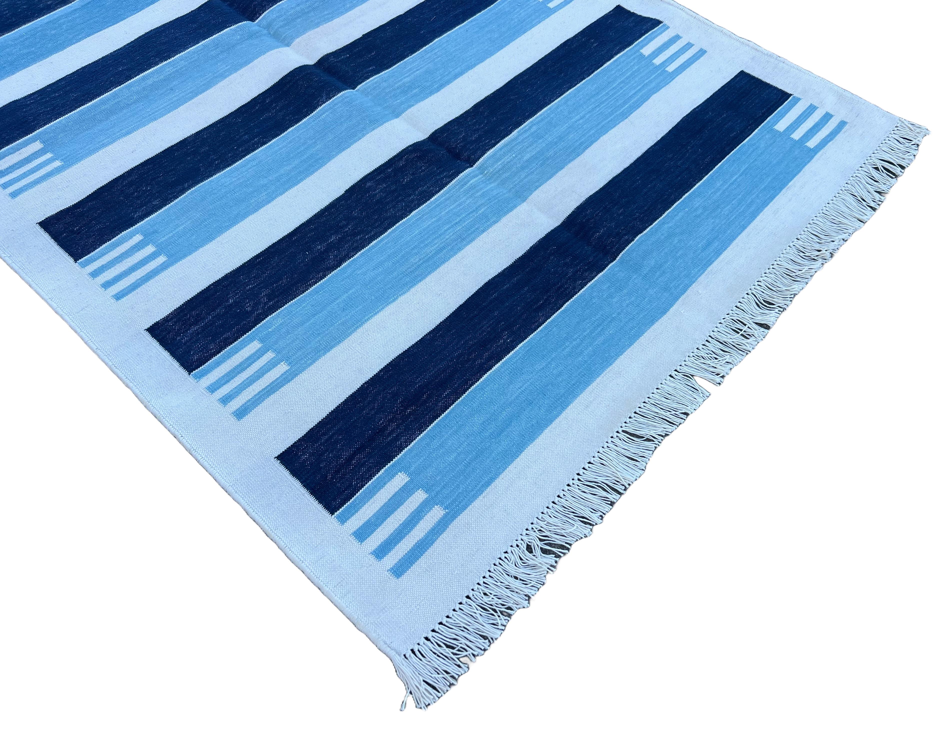 Mid-Century Modern Handmade Cotton Area Flat Weave Rug, 3x5 Blue And White Striped Indian Dhurrie For Sale
