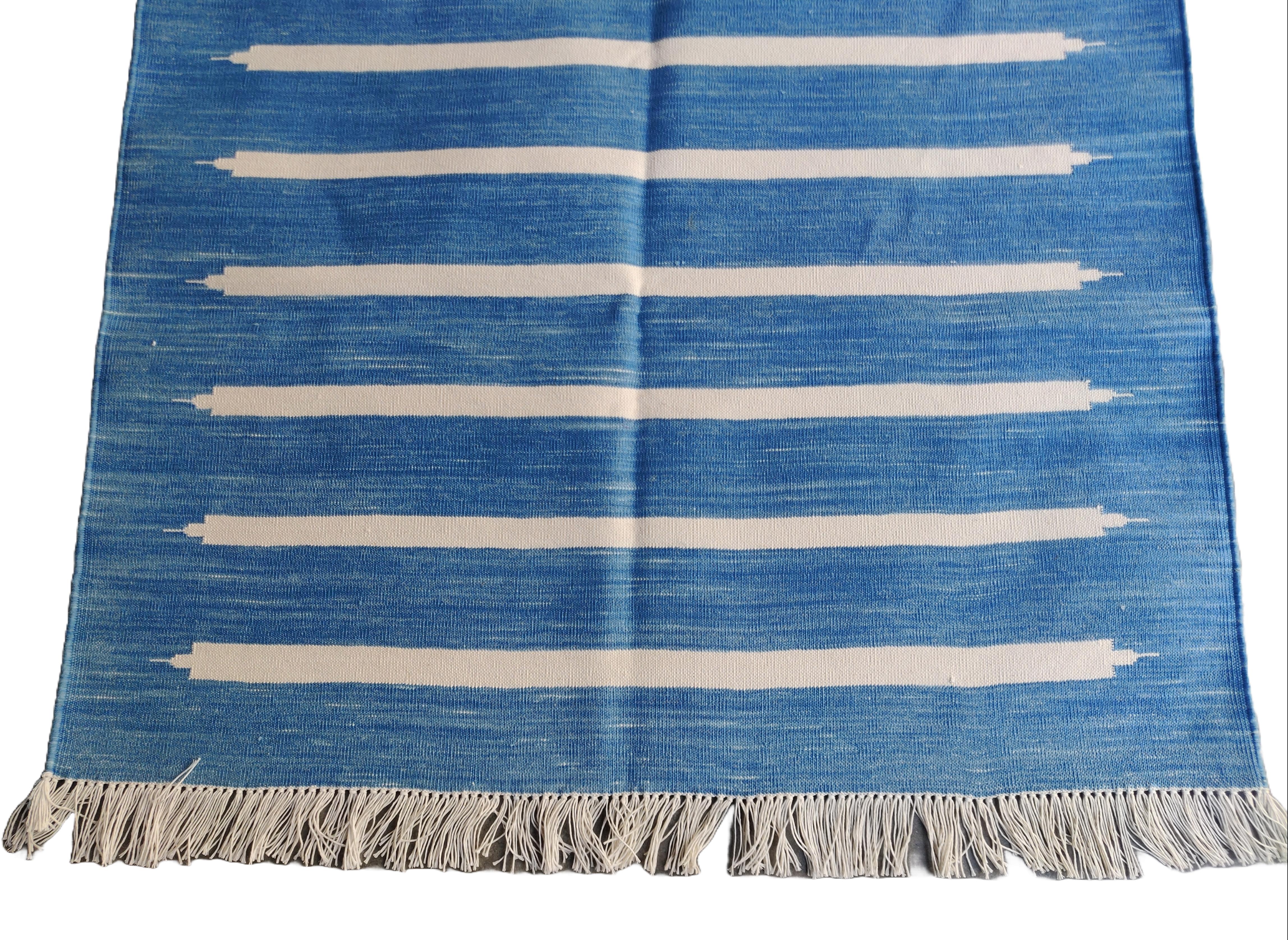 Hand-Woven Handmade Cotton Area Flat Weave Rug, 3x5 Blue And White Striped Indian Dhurrie For Sale