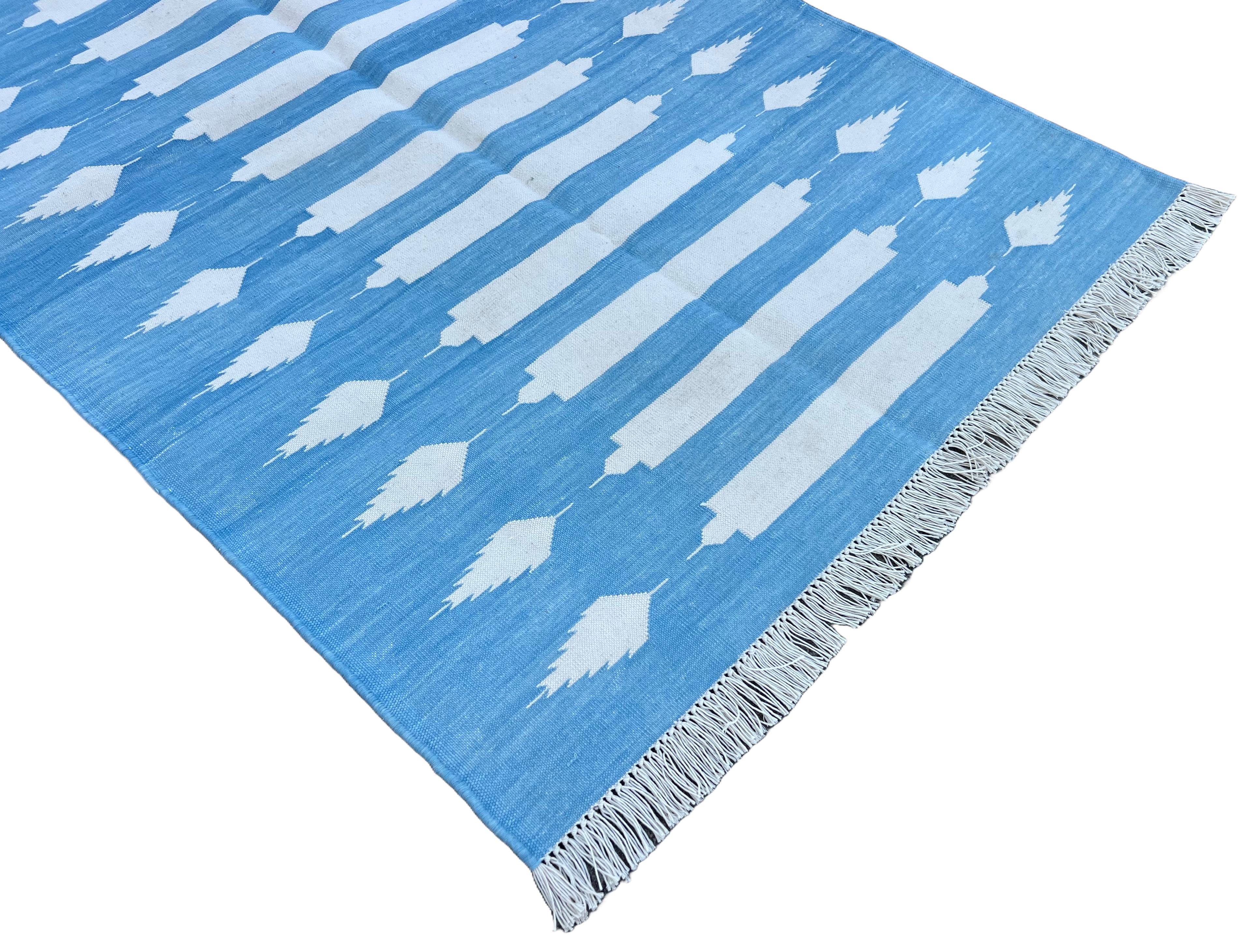 Hand-Woven Handmade Cotton Area Flat Weave Rug, 3x5 Blue And White Striped Indian Dhurrie For Sale