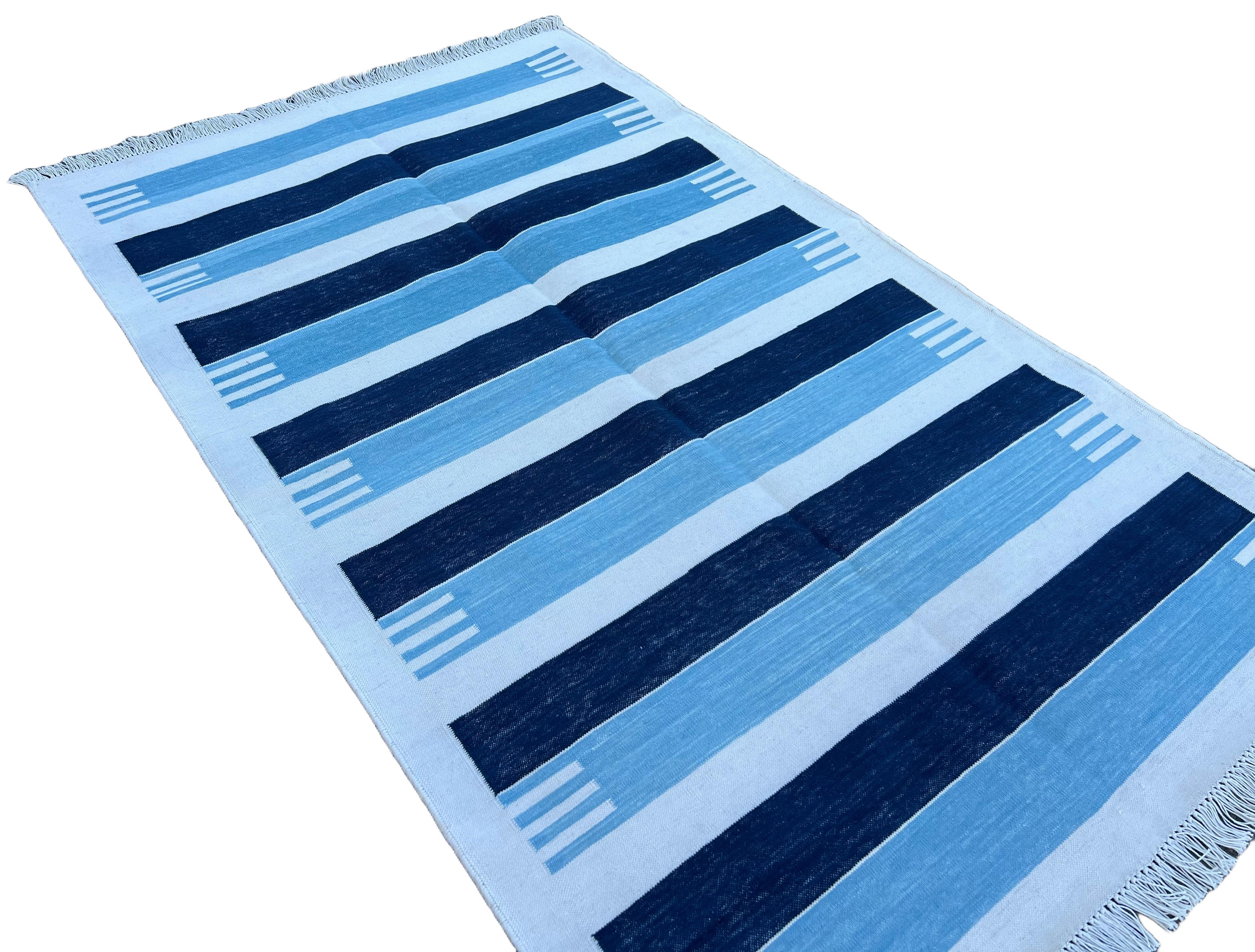 Hand-Woven Handmade Cotton Area Flat Weave Rug, 3x5 Blue And White Striped Indian Dhurrie For Sale