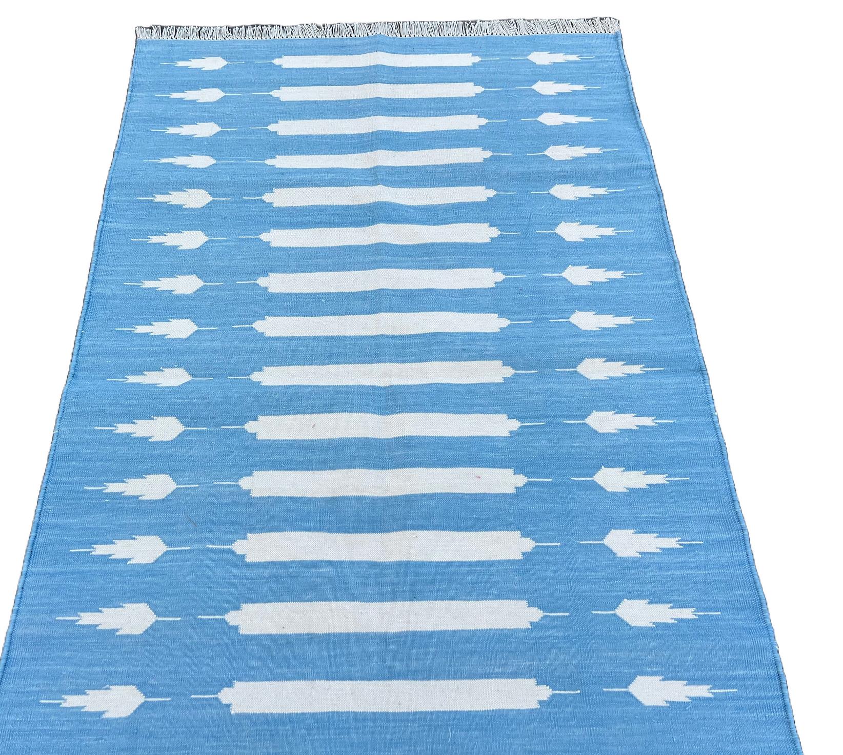 Handmade Cotton Area Flat Weave Rug, 3x5 Blue And White Striped Indian Dhurrie For Sale 1