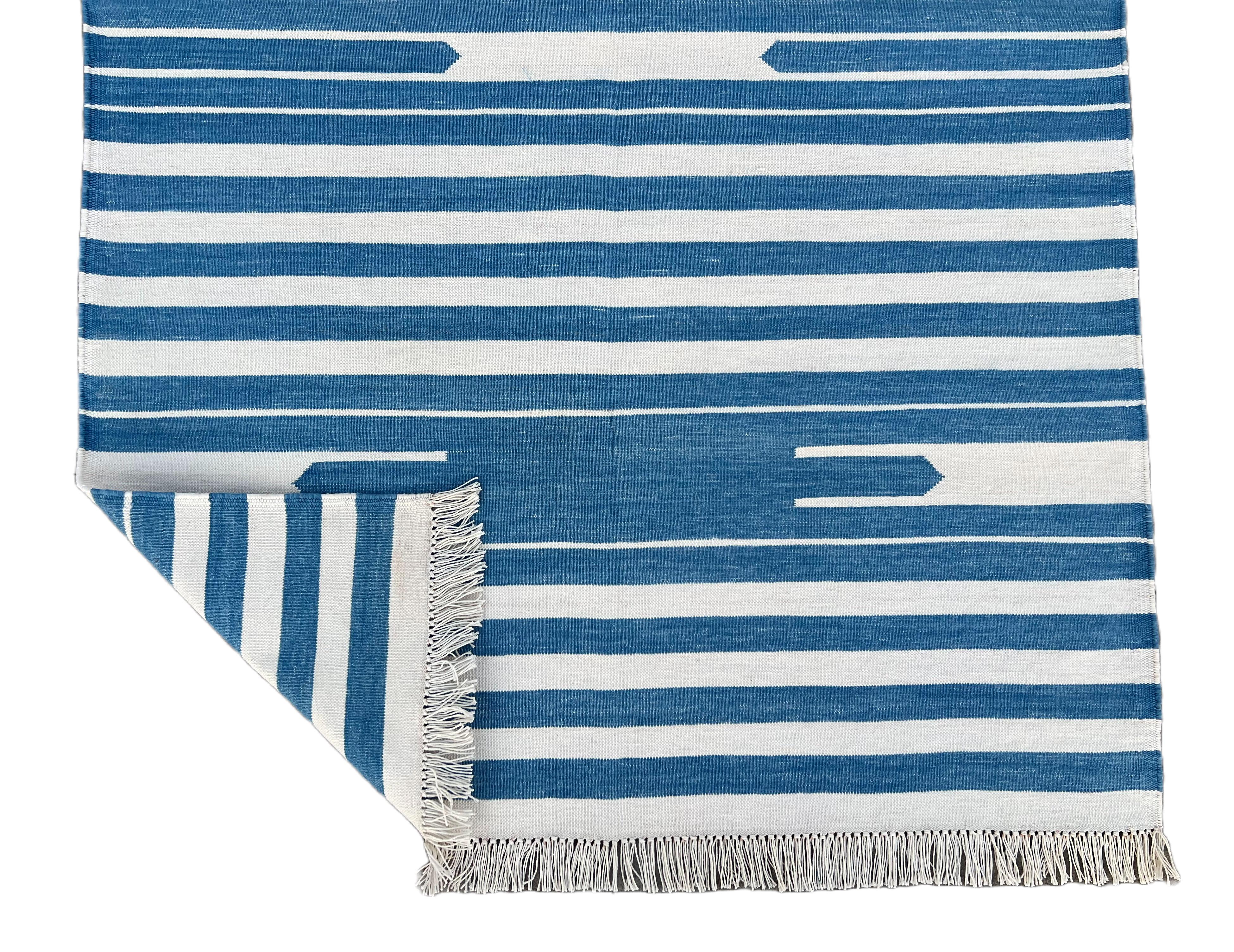 Handmade Cotton Area Flat Weave Rug, 3'x5' Blue And White Striped Indian Dhurrie For Sale 1