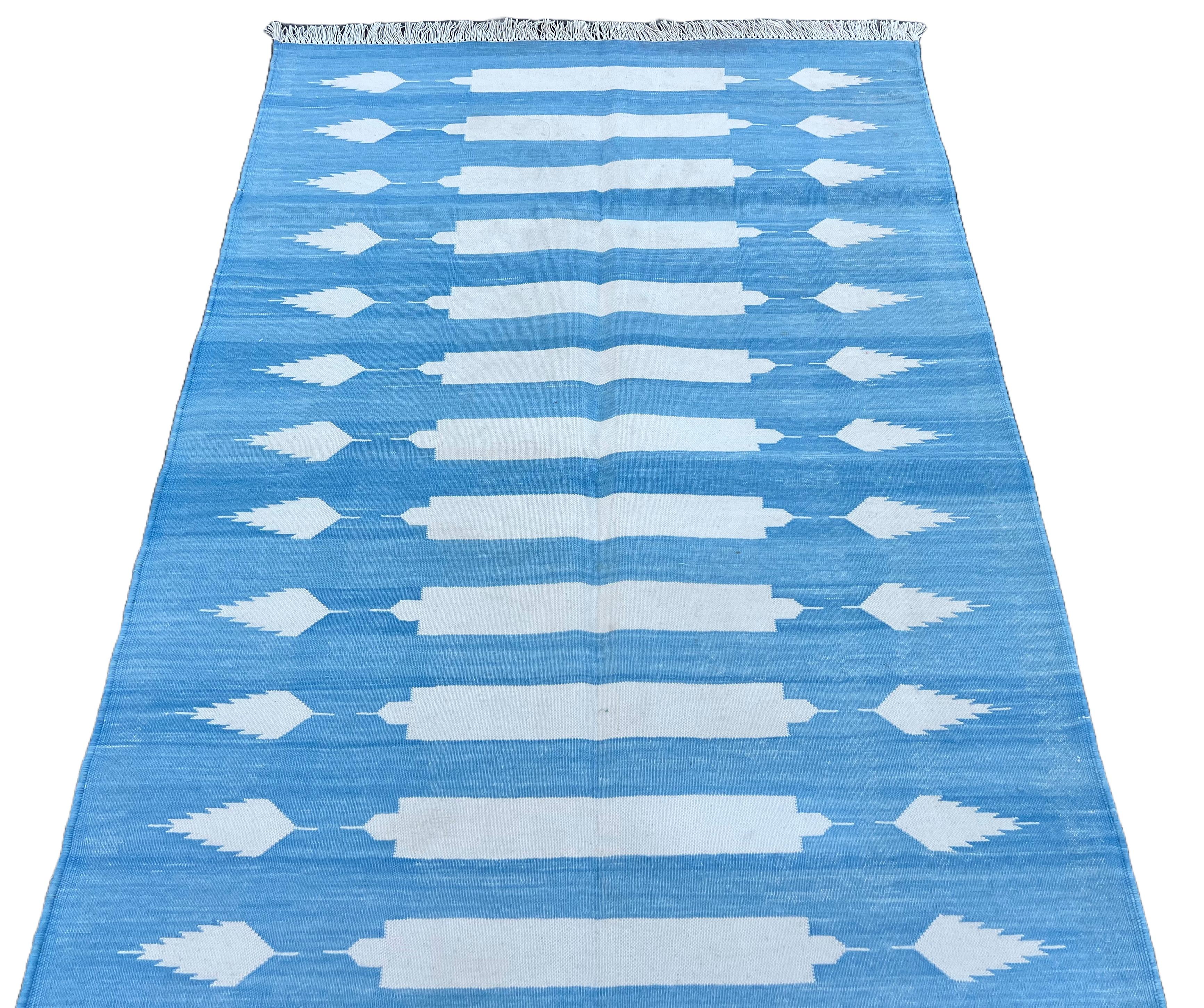 Handmade Cotton Area Flat Weave Rug, 3x5 Blue And White Striped Indian Dhurrie For Sale 1