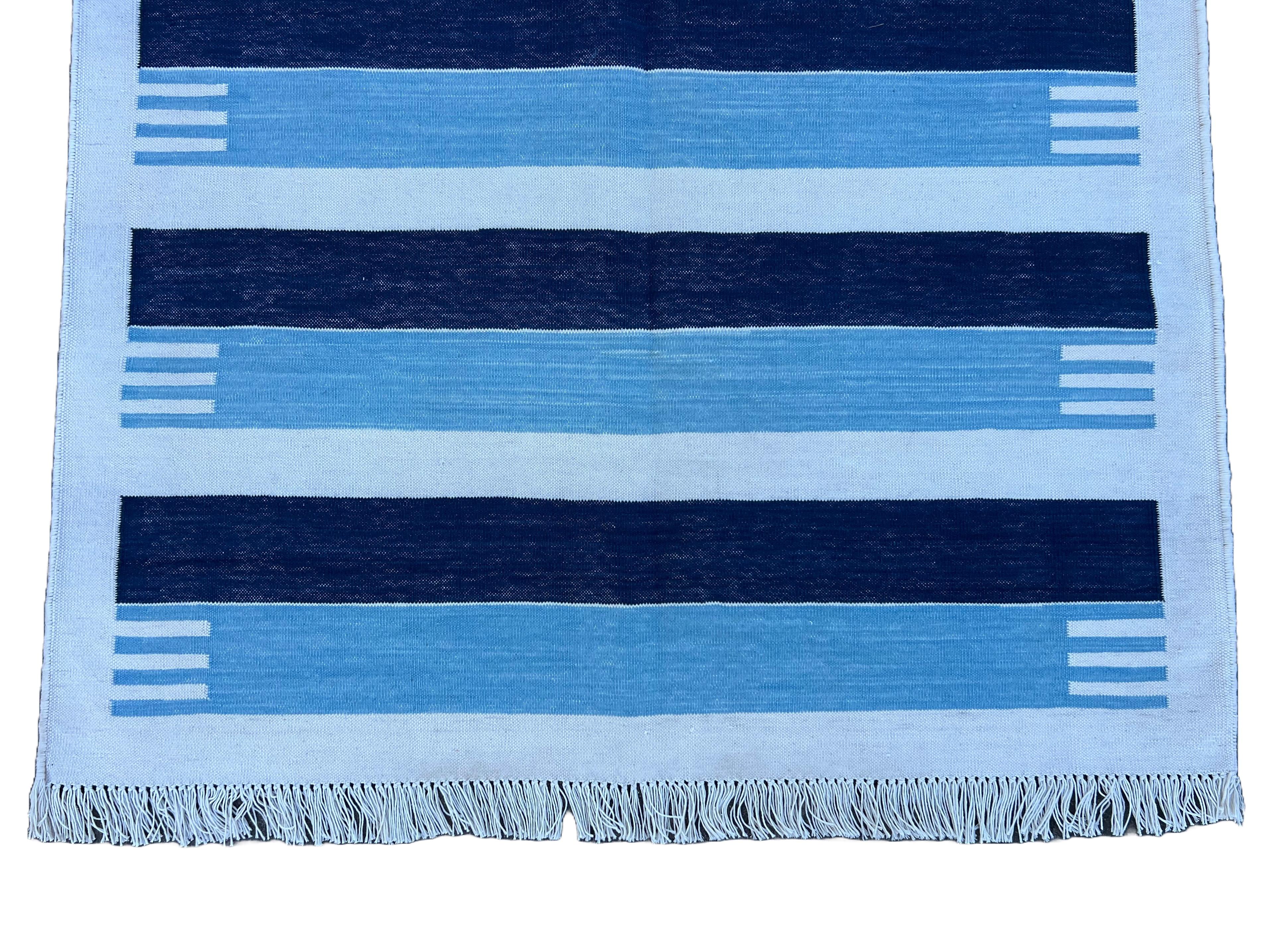 Handmade Cotton Area Flat Weave Rug, 3x5 Blue And White Striped Indian Dhurrie For Sale 1