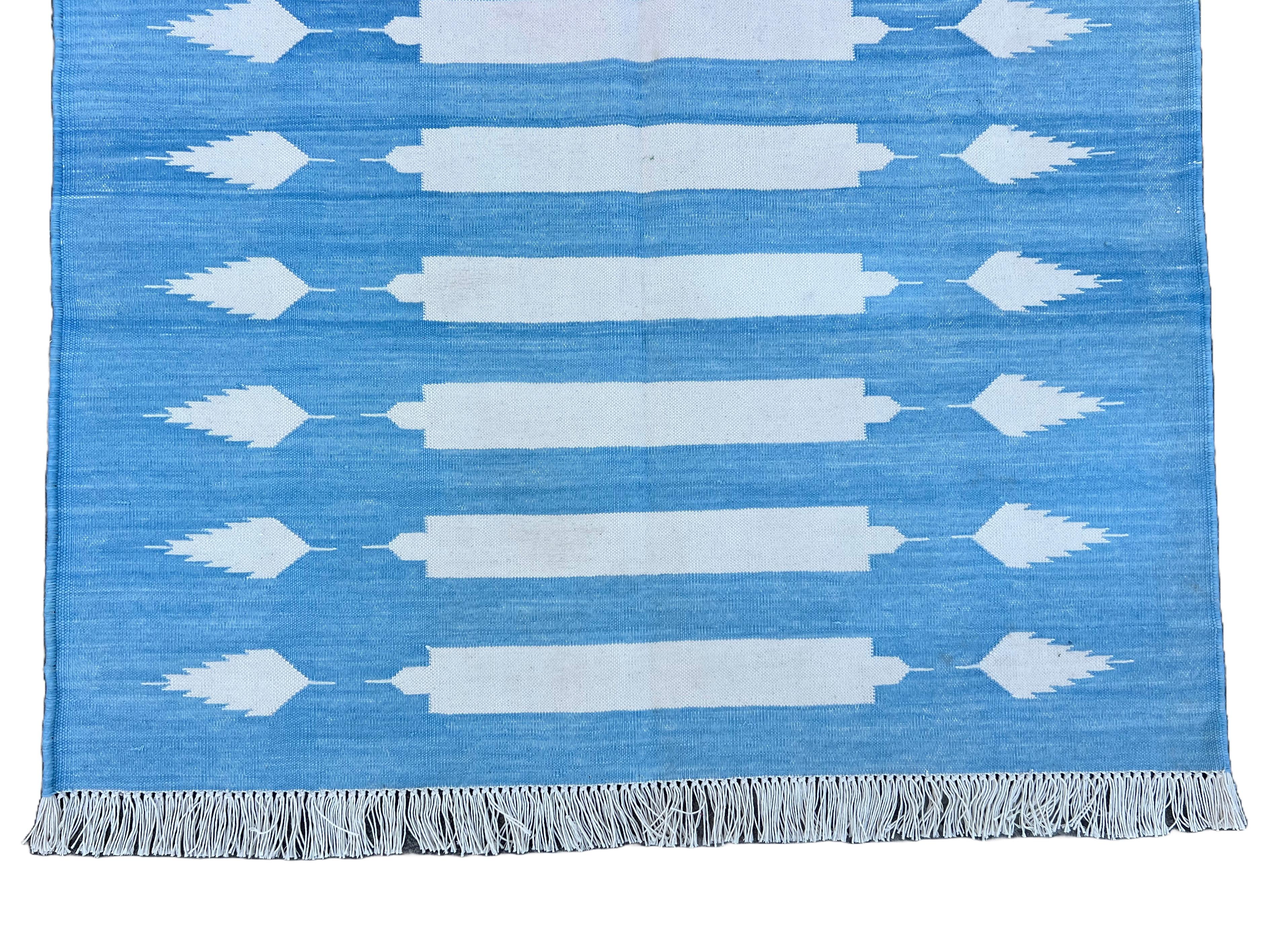 Handmade Cotton Area Flat Weave Rug, 3x5 Blue And White Striped Indian Dhurrie For Sale 2