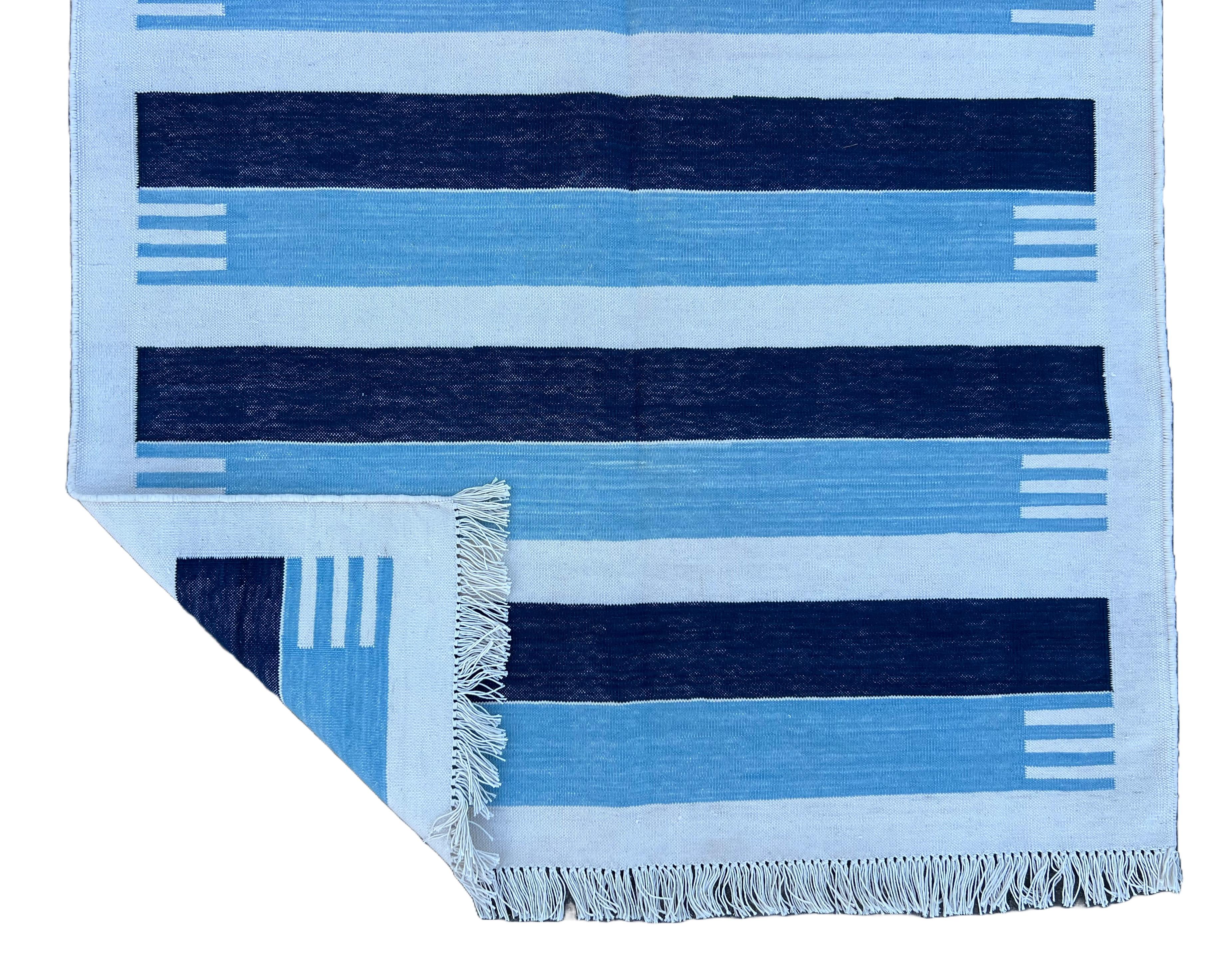 Handmade Cotton Area Flat Weave Rug, 3x5 Blue And White Striped Indian Dhurrie For Sale 2