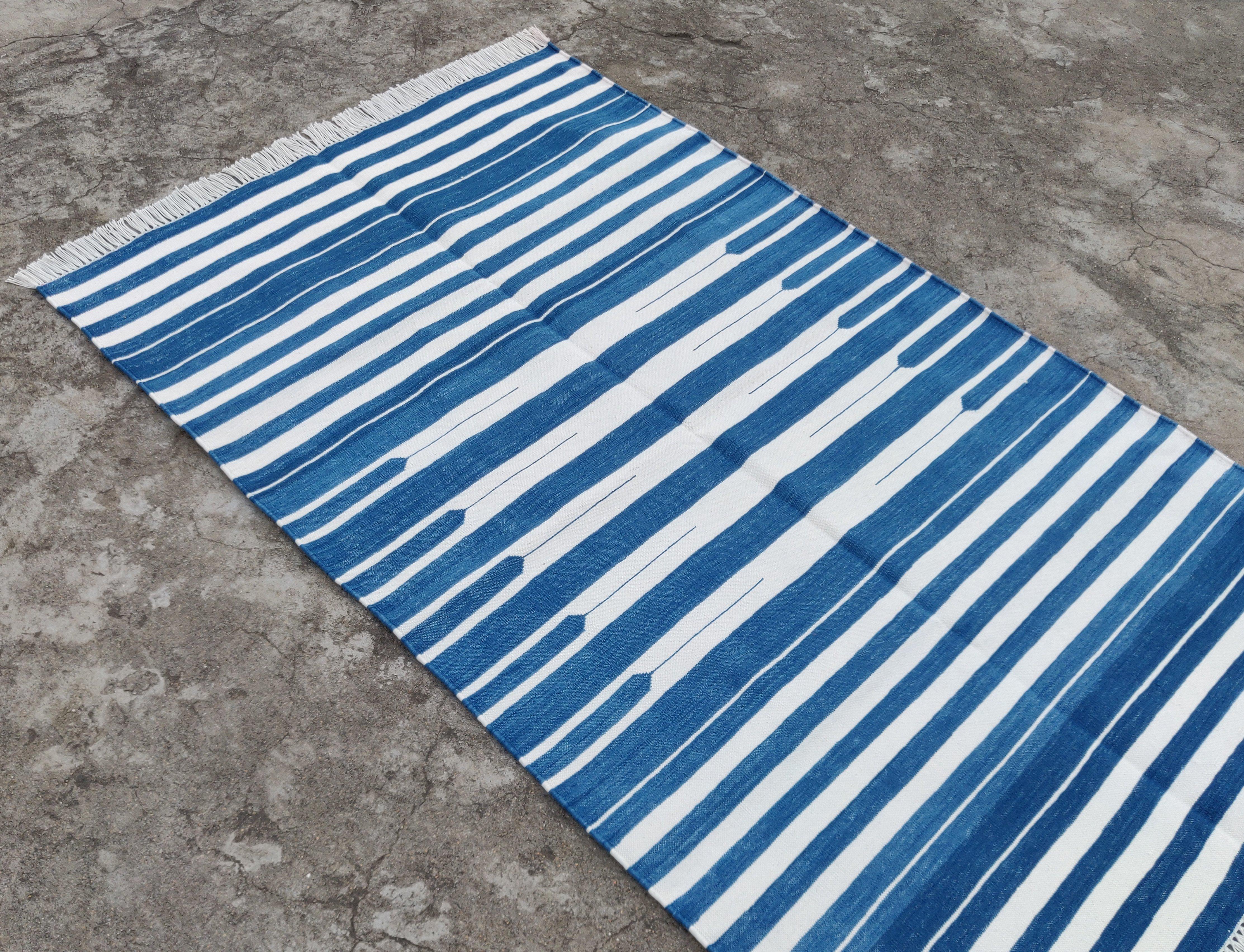 Handmade Cotton Area Flat Weave Rug, 3x5 Blue And White Striped Indian Dhurrie For Sale 3